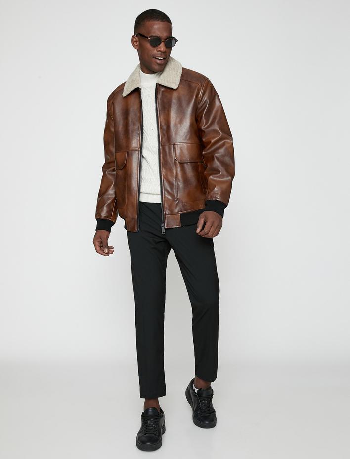  Deri Görünümlü Aviator Ceket Peluş Yaka Detaylı Su Geçirmez