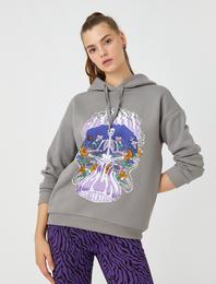 Oversize Sweatshirt Baskılı Kapüşonlu İçi Polarlı