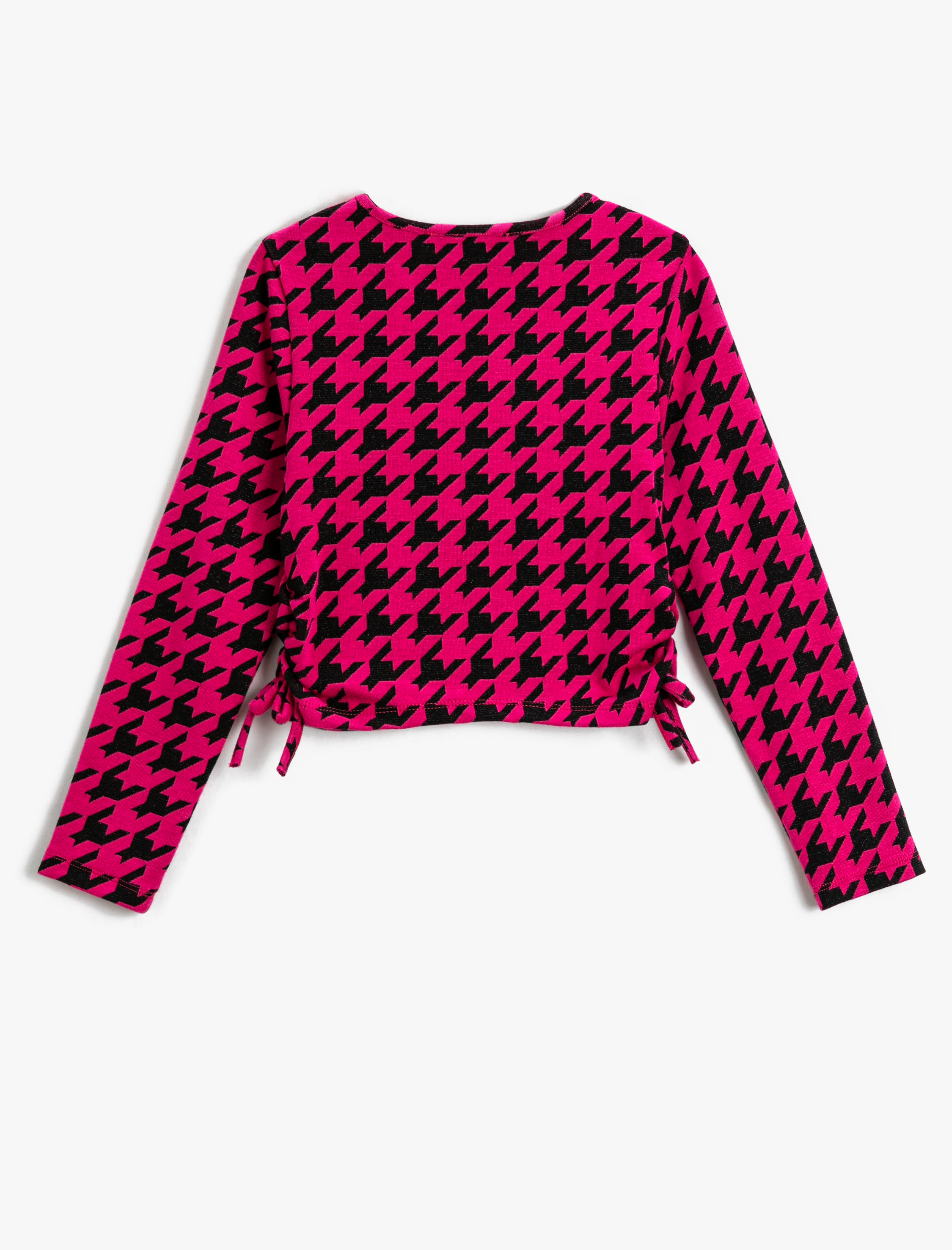  Kız Çocuk Crop Tişört Kazayağı Desenli Uzun Kollu