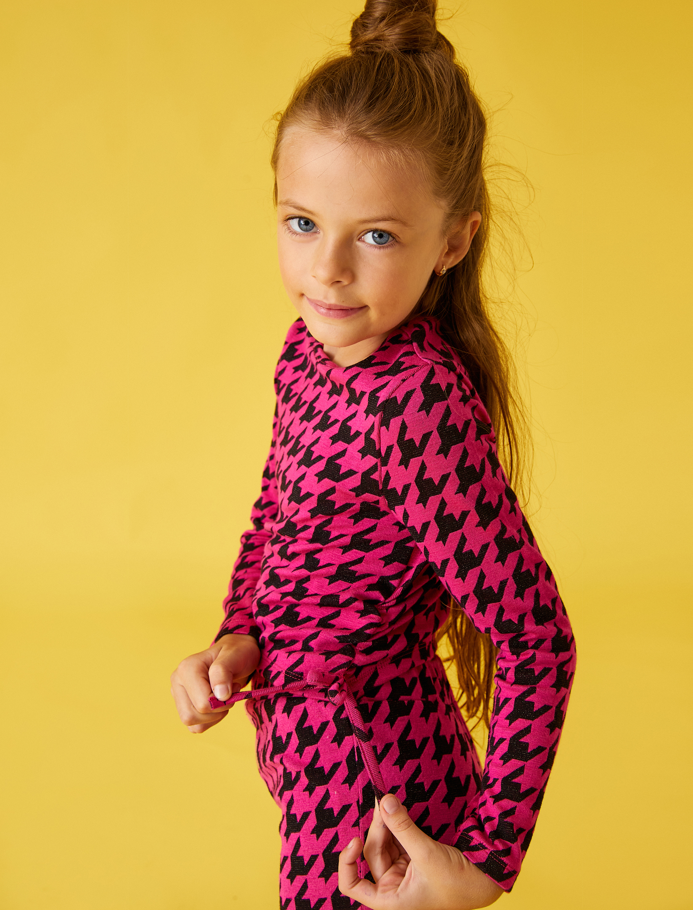  Kız Çocuk Crop Tişört Kazayağı Desenli Uzun Kollu