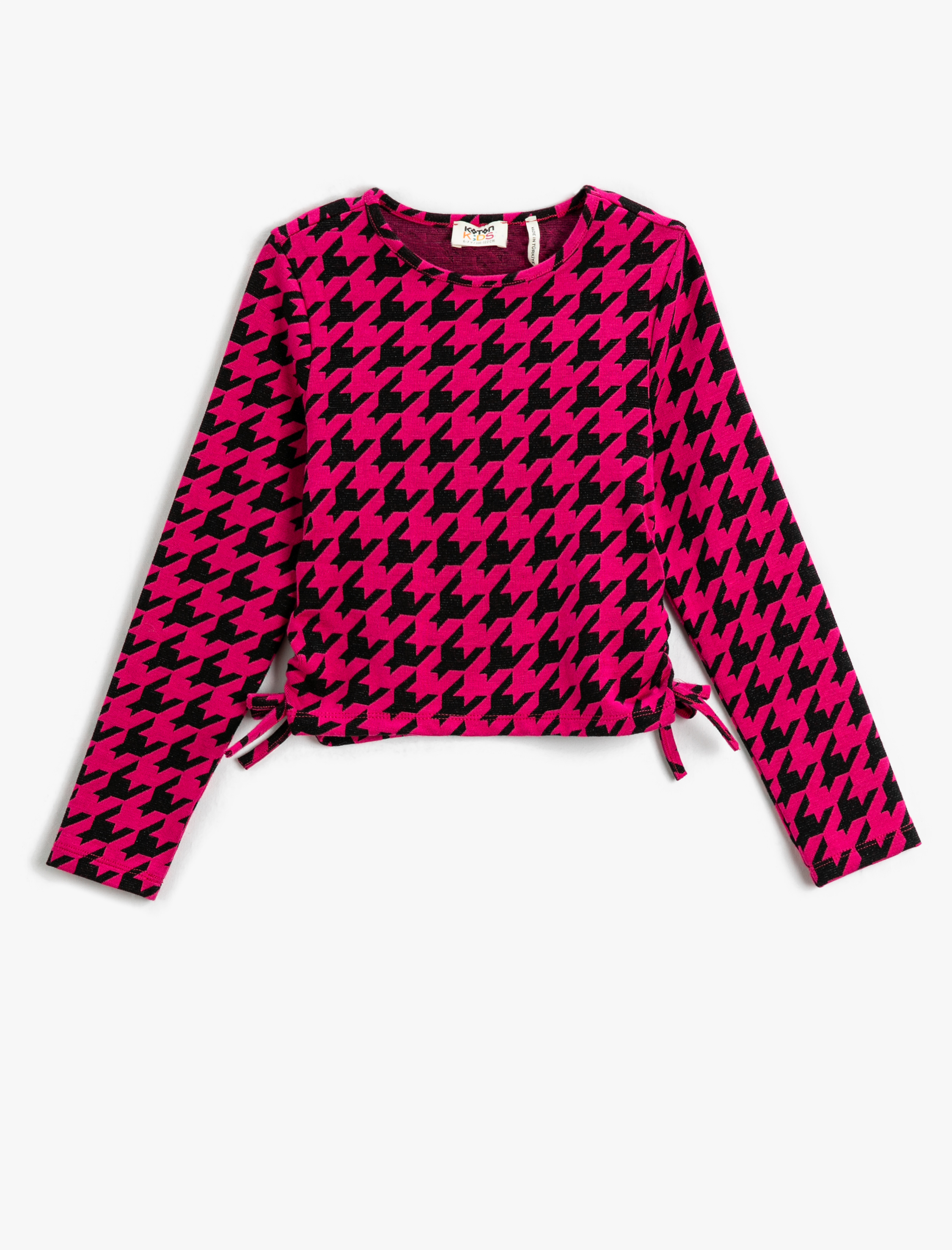  Kız Çocuk Crop Tişört Kazayağı Desenli Uzun Kollu