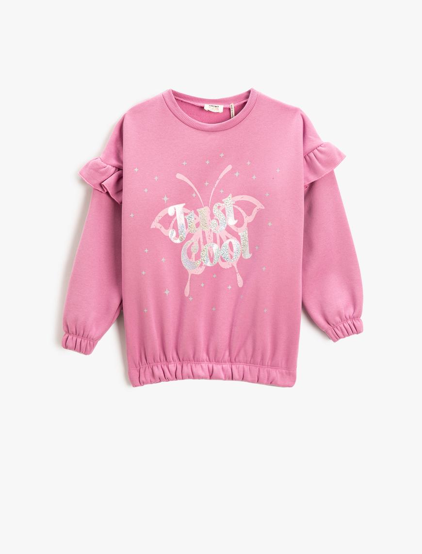  Kız Çocuk Fırfırlı Sweatshirt Baskılı Bisiklet Yaka