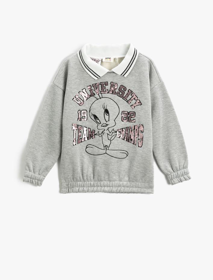 Kız Çocuk Tweety Baskılı Lisanslı Sweatshirt Polo Yaka