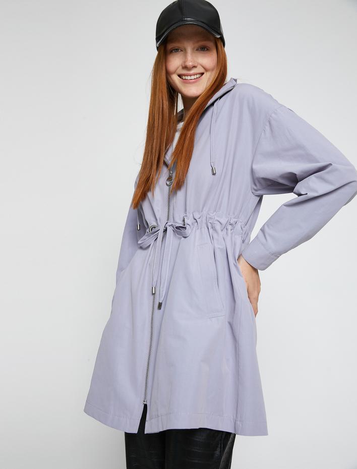  Kapüşonlu Trençkot Beli Bağlamalı Cep Detaylı