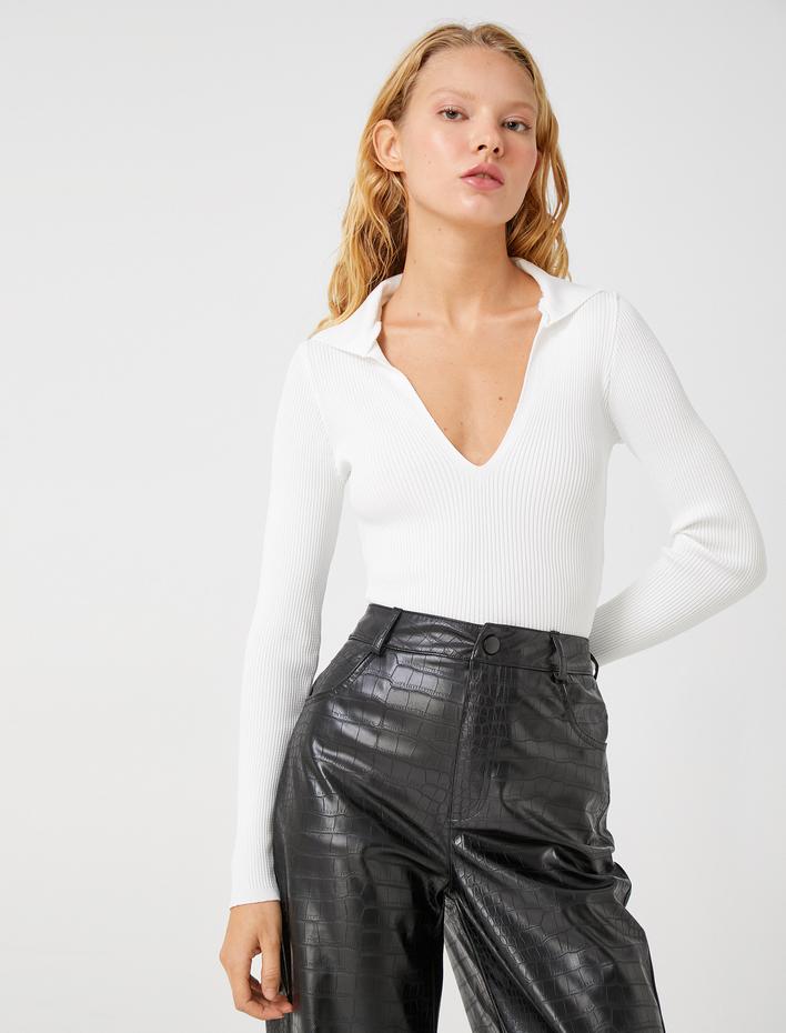  Polo Yaka Triko Kazak Crop Uzun Kollu