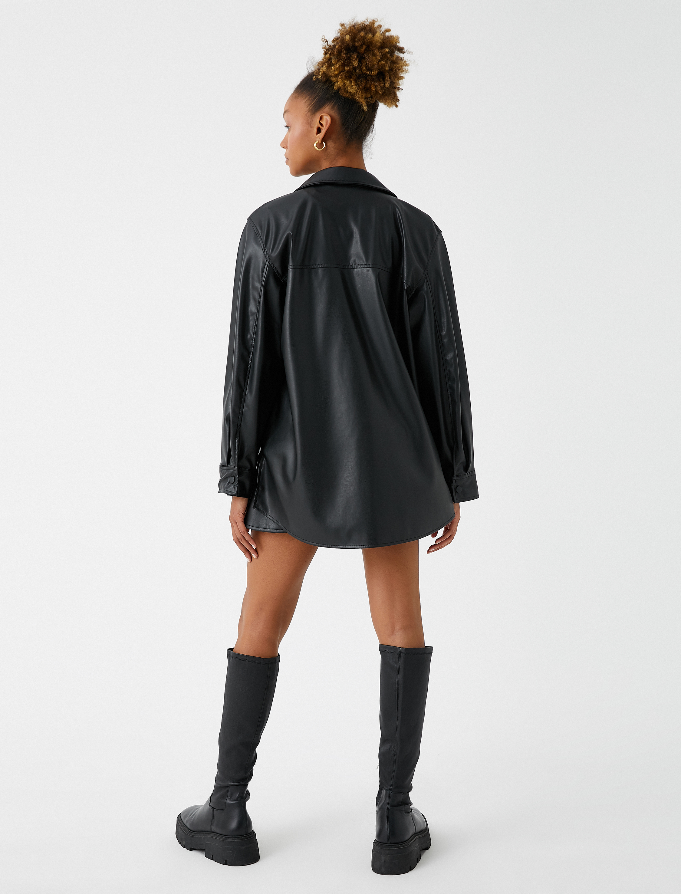   Oversize Gömlek Deri Görünümlü Cep Detaylı