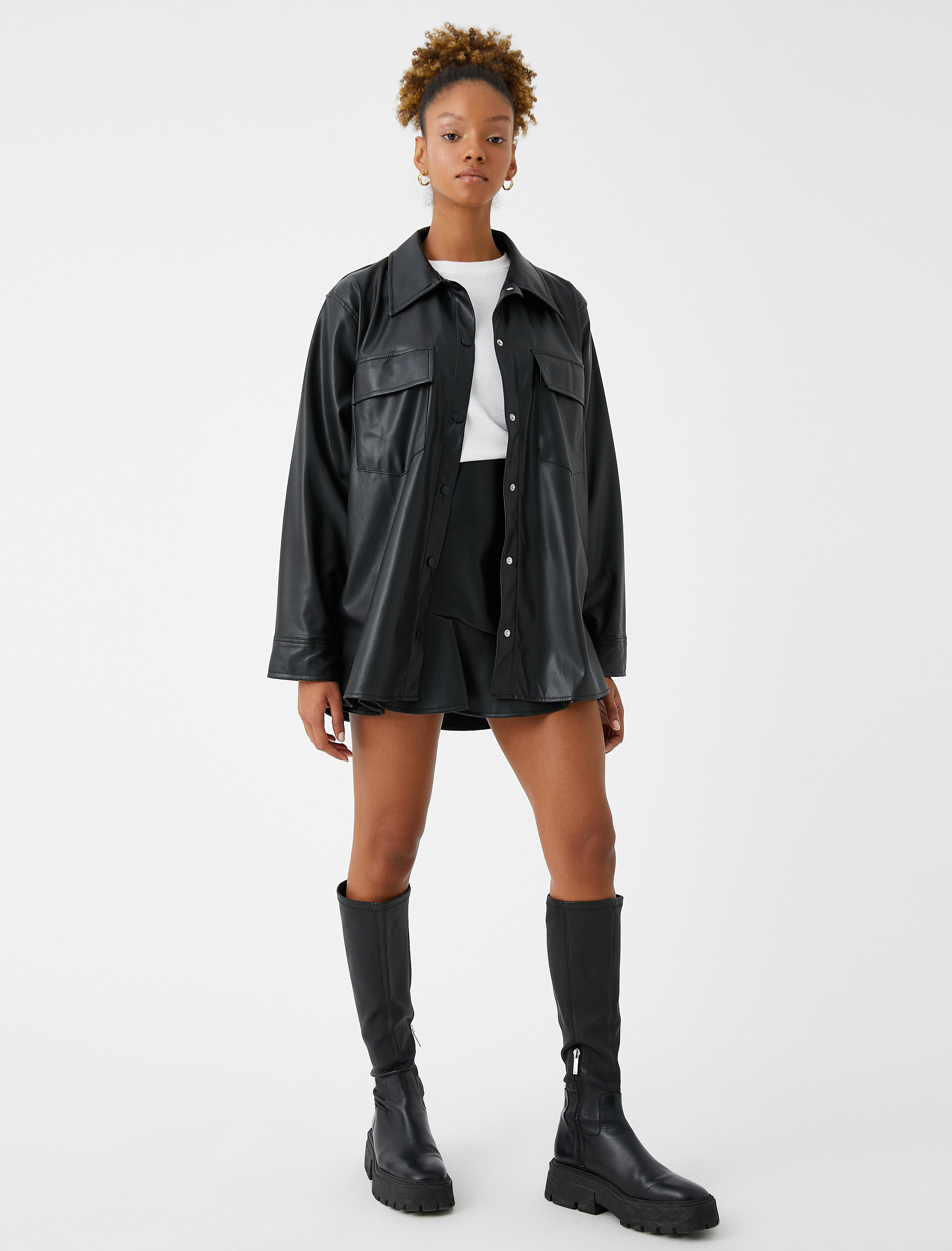   Oversize Gömlek Deri Görünümlü Cep Detaylı