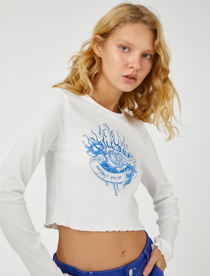  Uzun Kollu Tişört Crop Baskılı Bisiklet Yaka