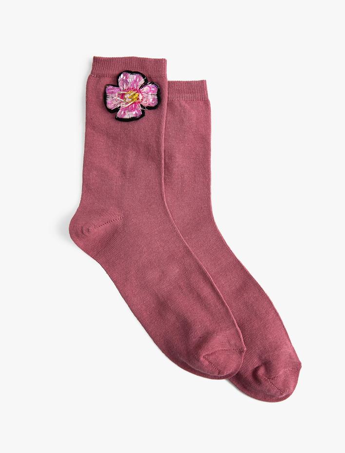 Kadın Basic Çiçekli Soket Çorap İşleme Detaylı