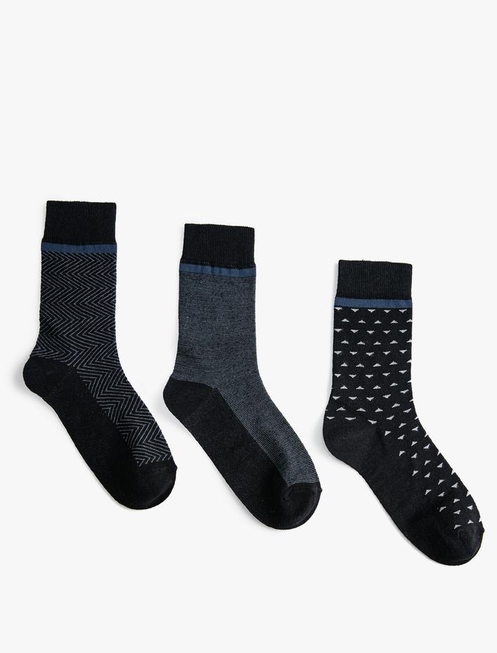 Erkek Basic 3'lü Soket Çorap Seti Geometrik Desenli