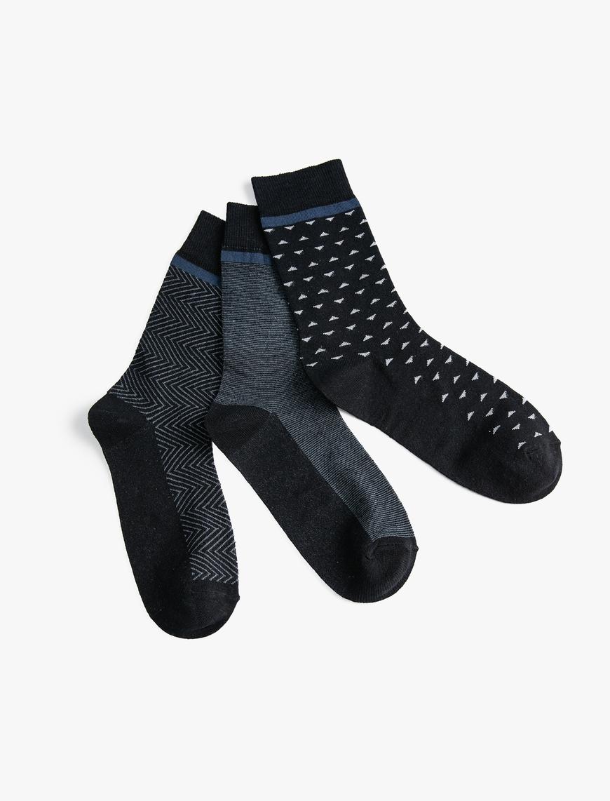  Erkek Basic 3'lü Soket Çorap Seti Geometrik Desenli
