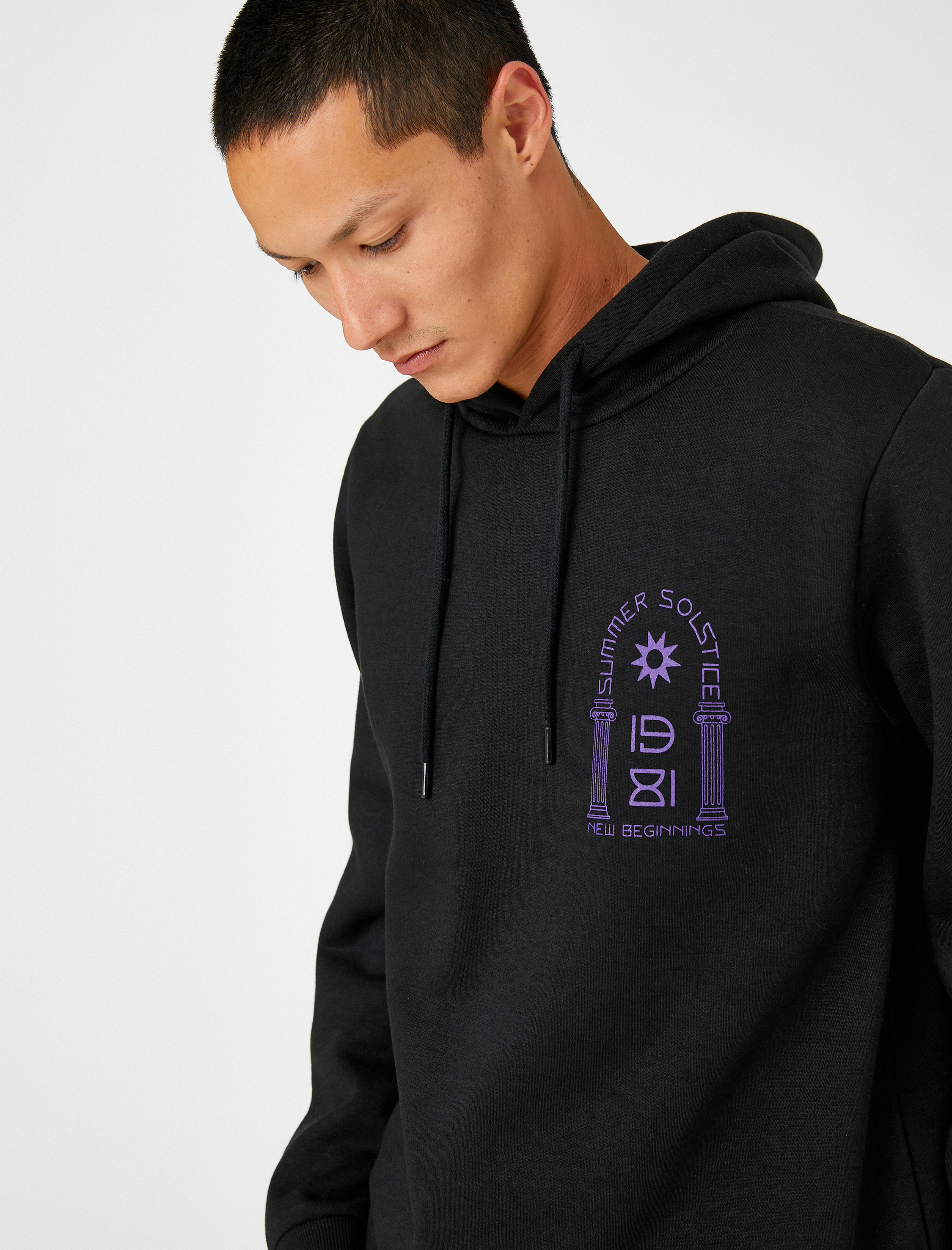   Basic Kapşonlu Sweatshirt Uzakdoğu Baskılı Uzun Kollu