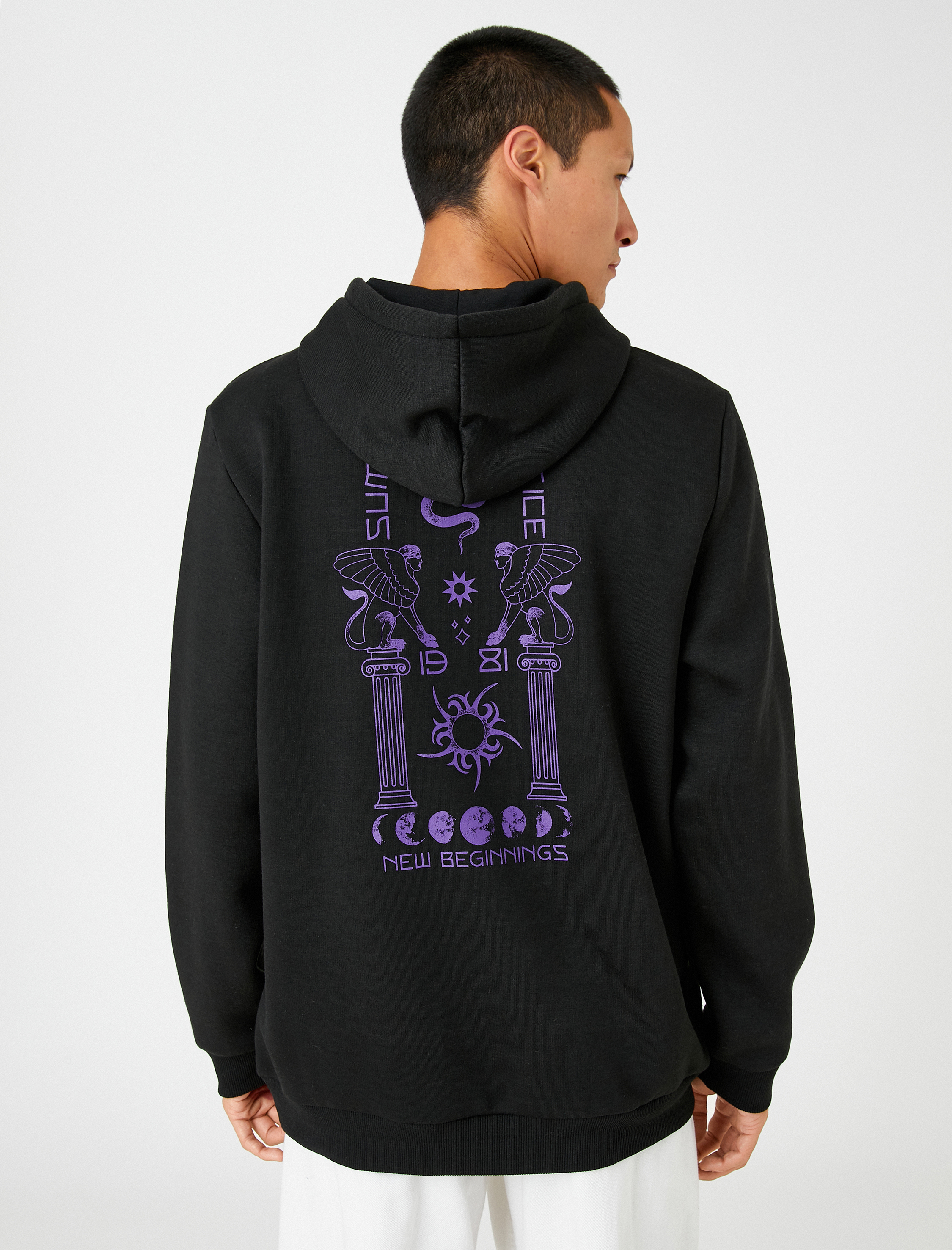   Basic Kapşonlu Sweatshirt Uzakdoğu Baskılı Uzun Kollu