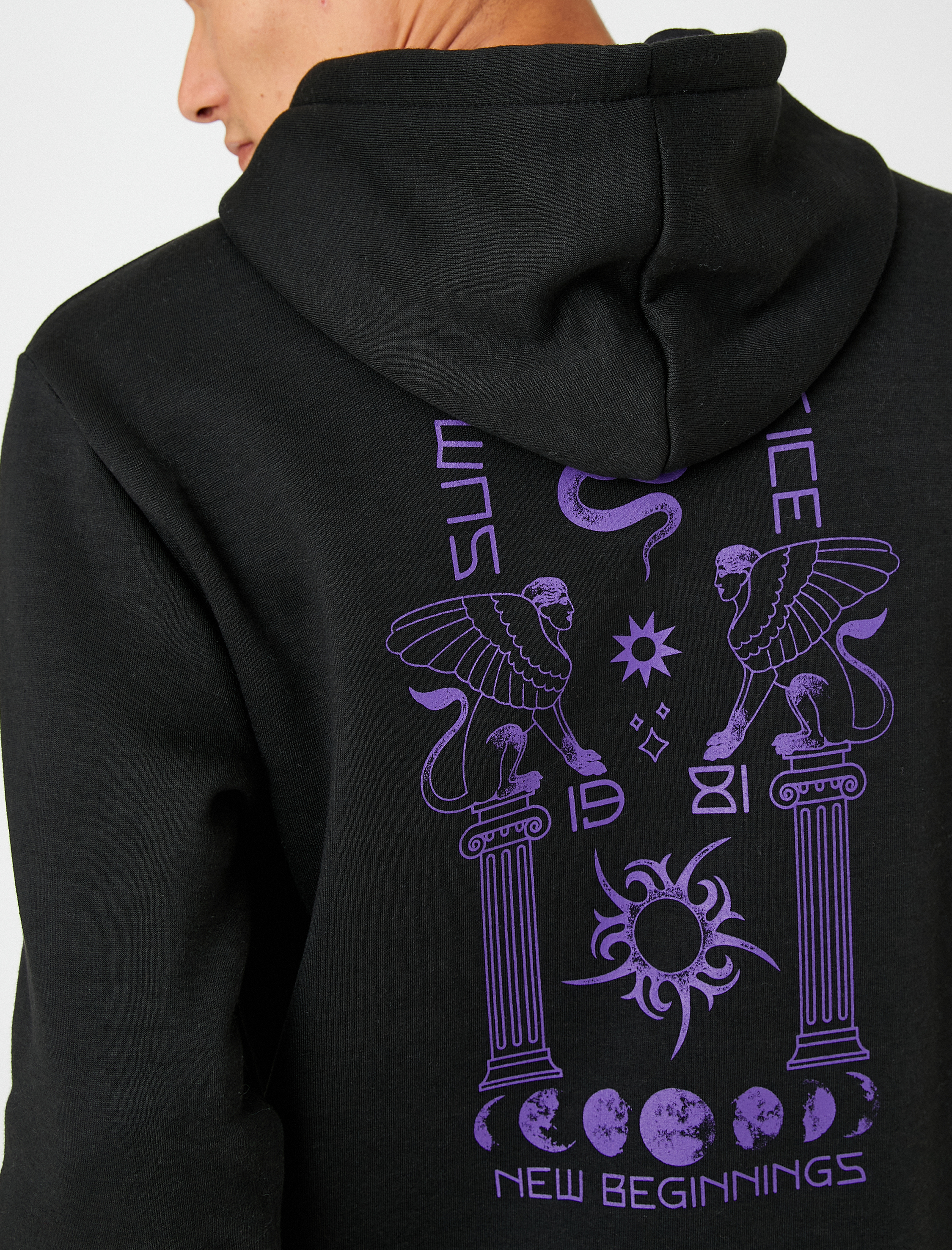   Basic Kapşonlu Sweatshirt Uzakdoğu Baskılı Uzun Kollu