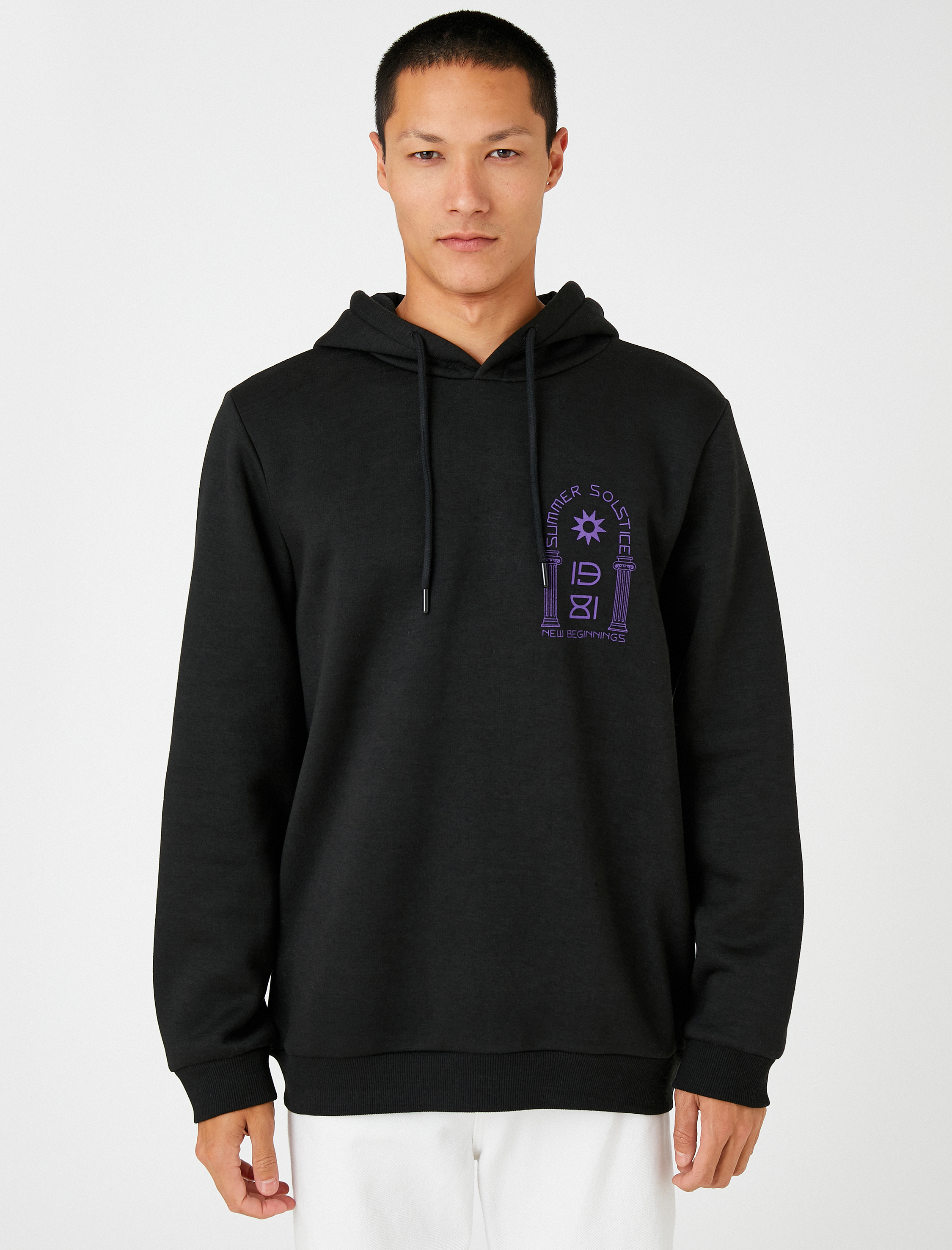   Basic Kapşonlu Sweatshirt Uzakdoğu Baskılı Uzun Kollu