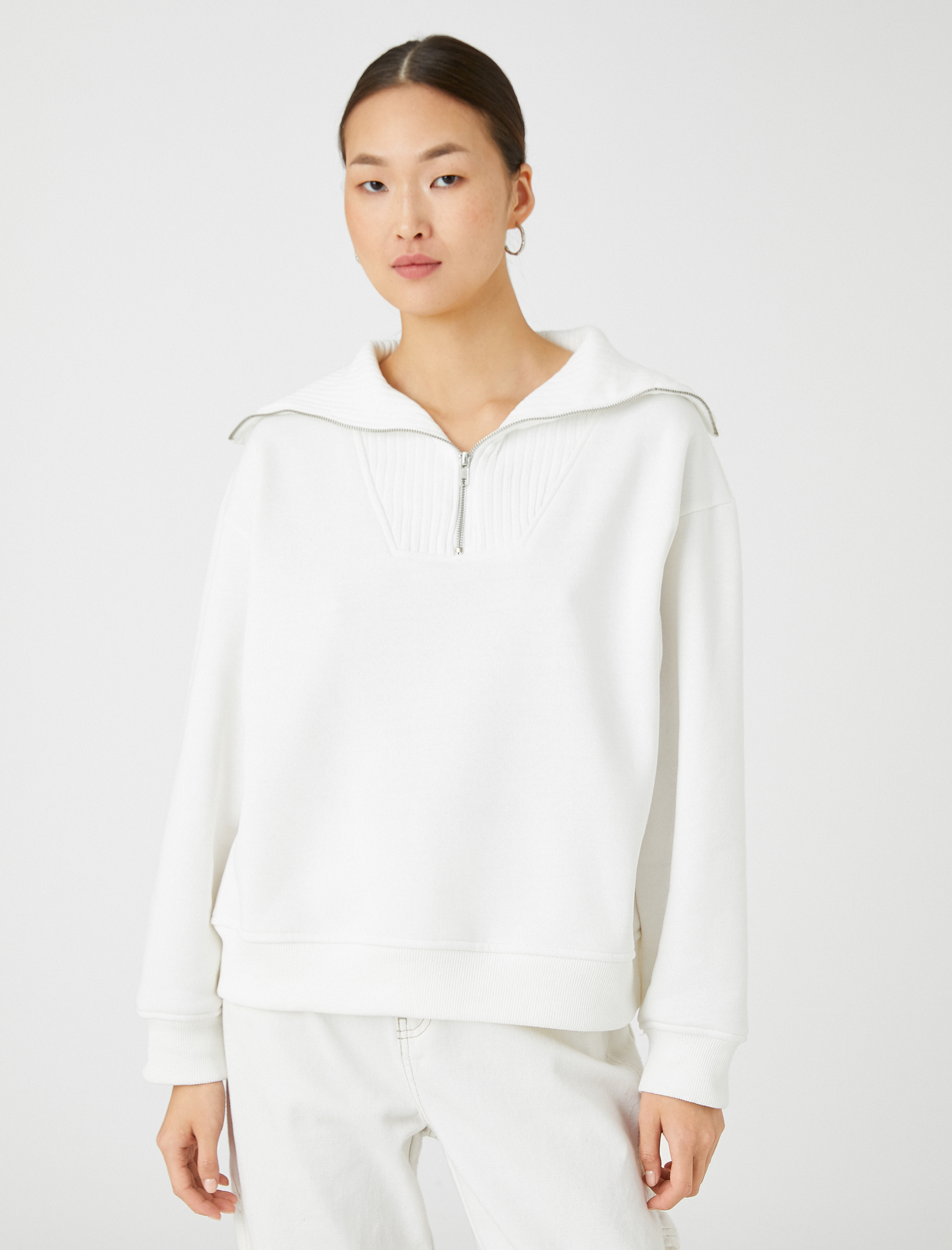   Yarım Fermuarlı Sweatshirt Dik Yaka Pamuklu