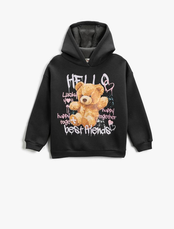 Kız Çocuk Ayıcık Baskılı Kapşonlu Sweatshirt Şardonlu Slogan Temalı
