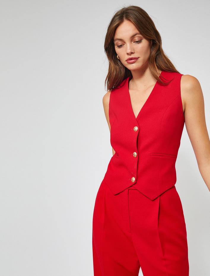  Crop Blazer Yelek Metal Gold Düğmeli Cep Detaylı