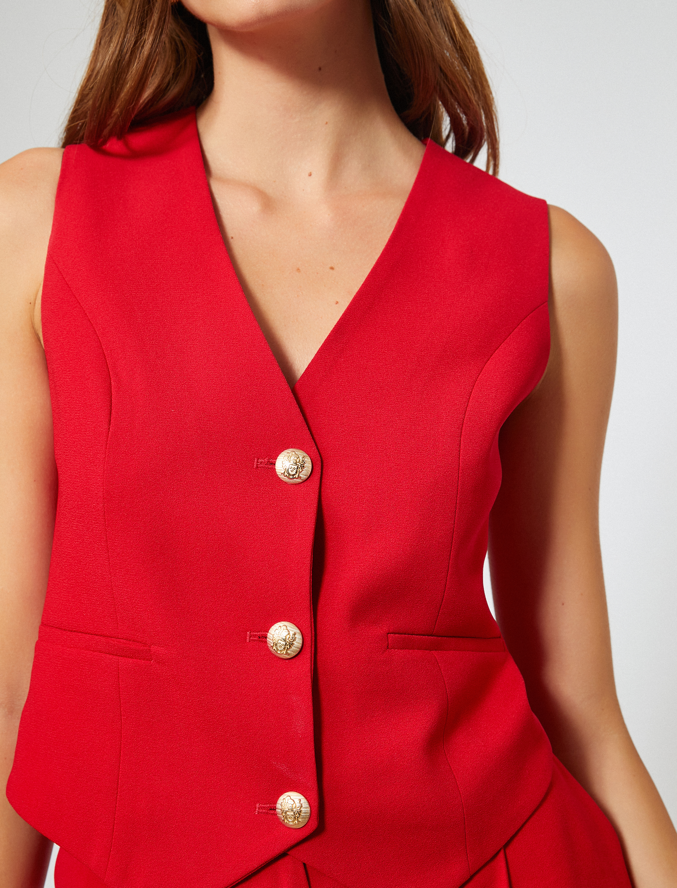   Crop Blazer Yelek Metal Gold Düğmeli Cep Detaylı