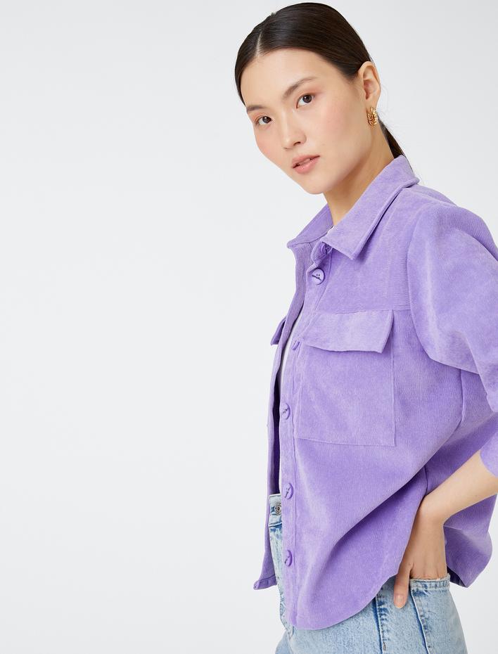  Kadife Crop Shacket Cepli Düğmeli