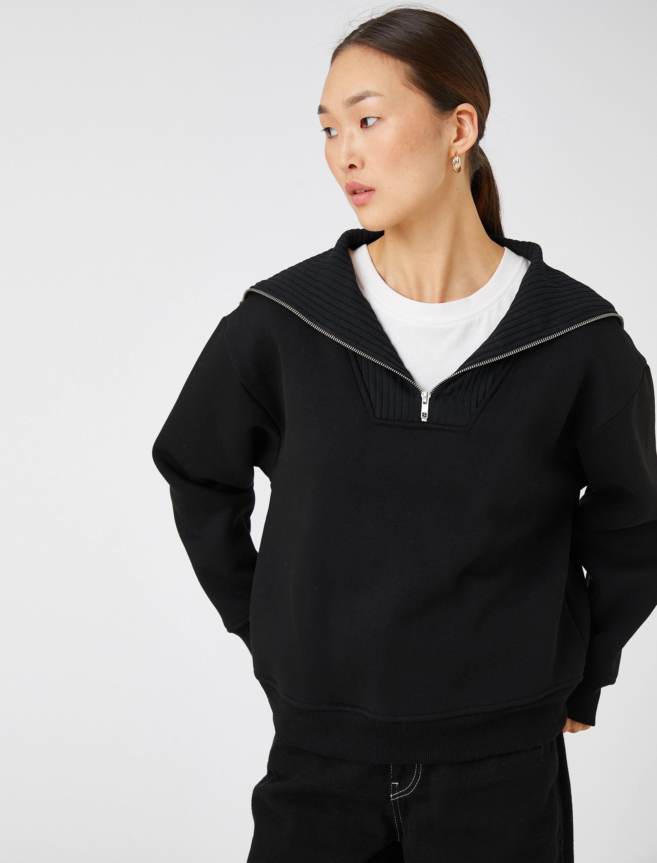  Yarım Fermuarlı Sweatshirt Dik Yaka Pamuklu