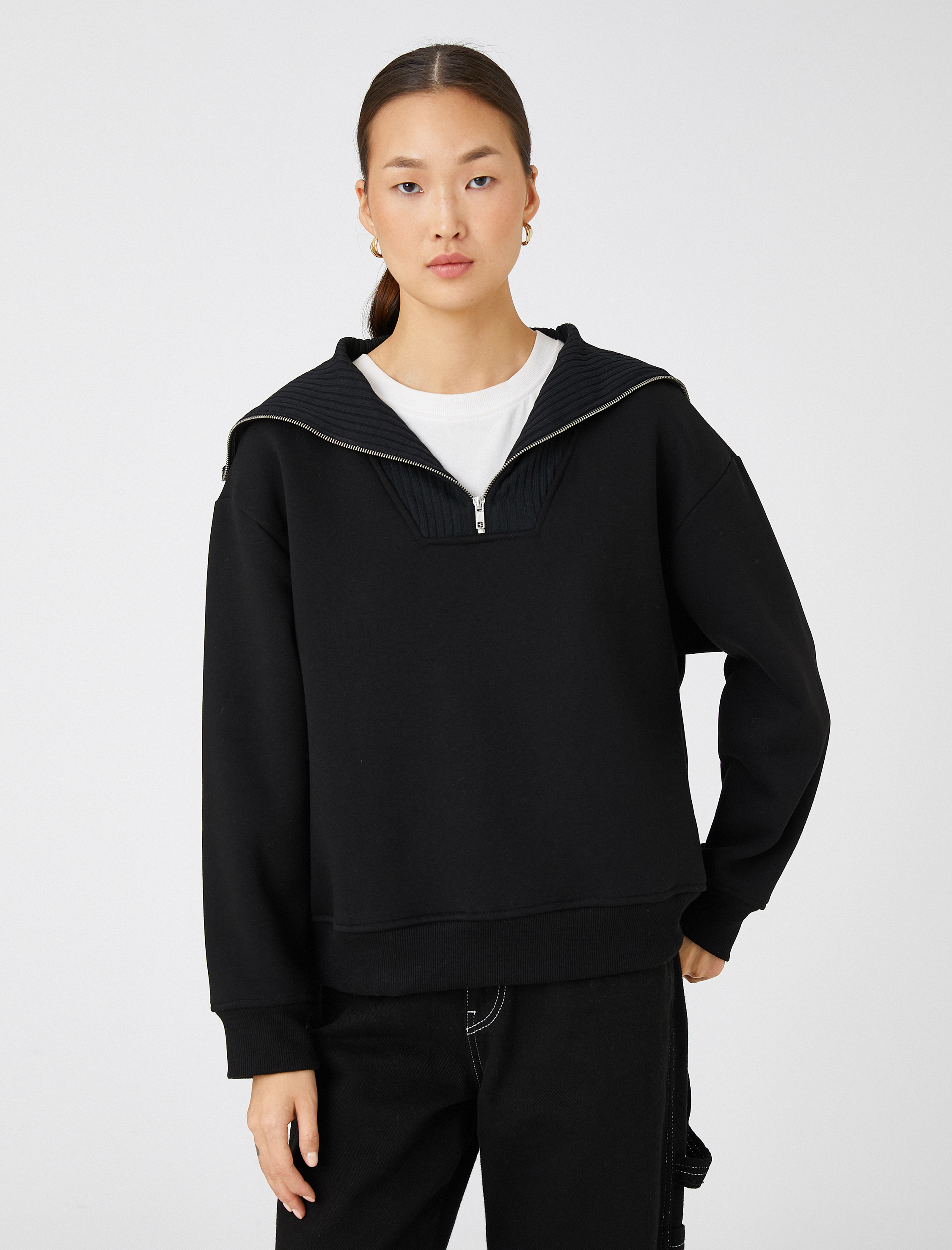   Yarım Fermuarlı Sweatshirt Dik Yaka Pamuklu