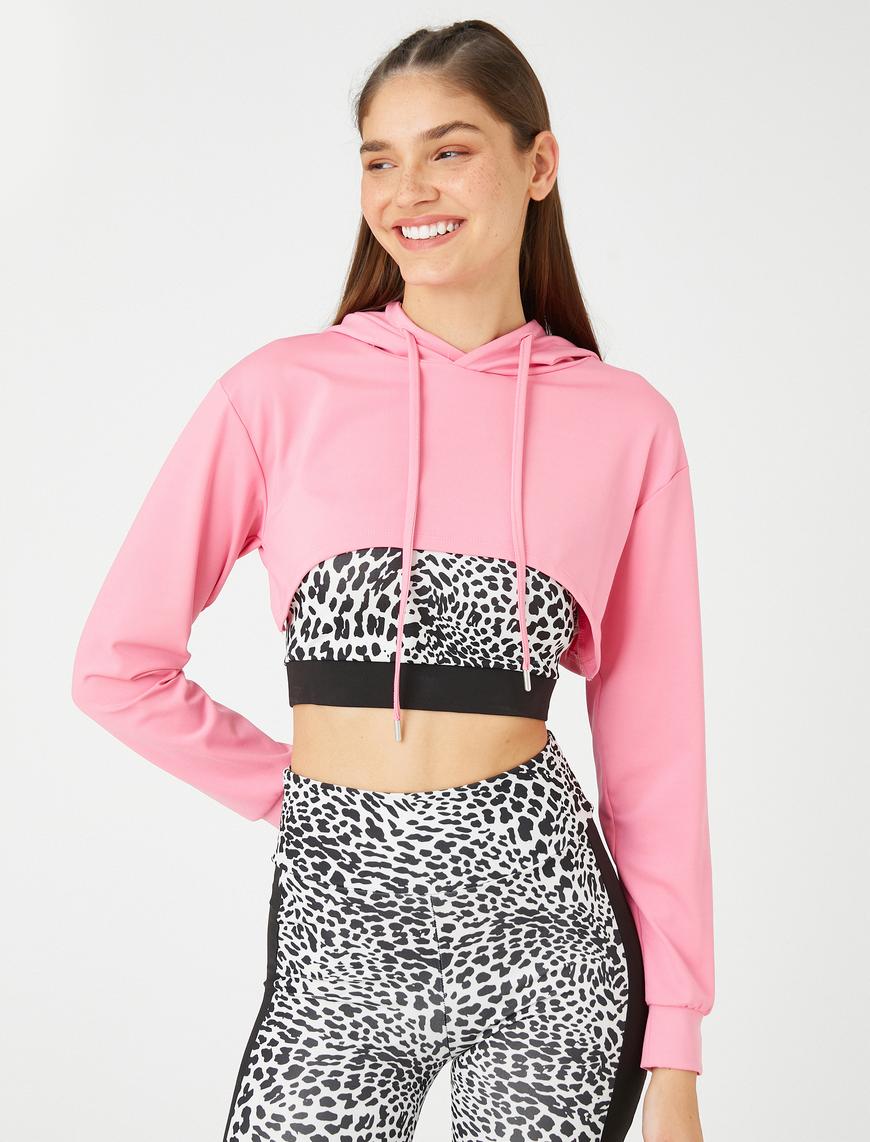   Crop Kapüşonlu Spor Sweatshirt Uzun Kollu