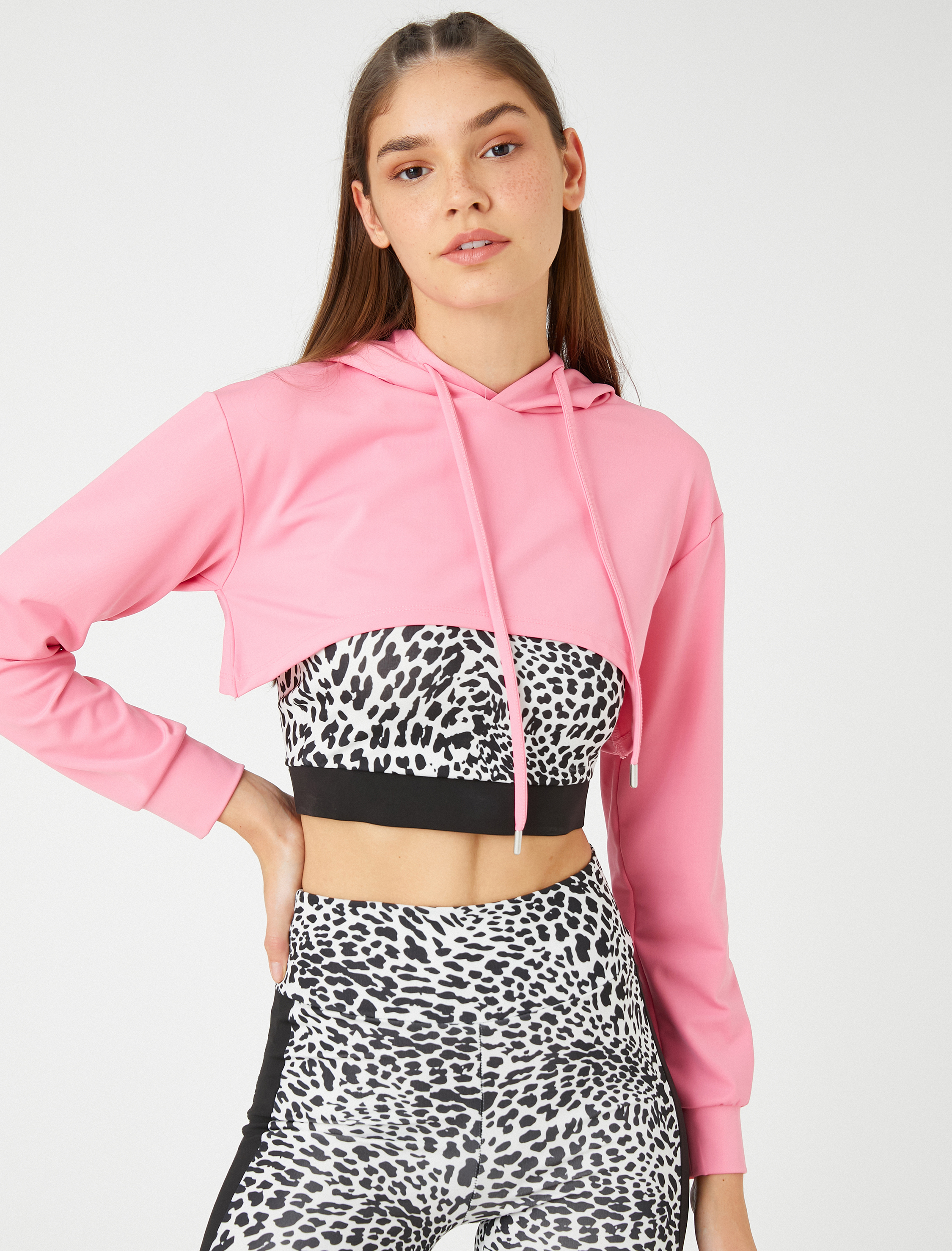   Crop Kapüşonlu Spor Sweatshirt Uzun Kollu
