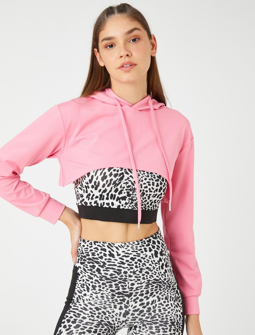   Crop Kapüşonlu Spor Sweatshirt Uzun Kollu