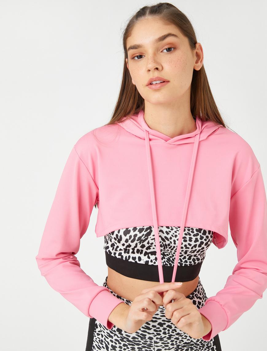   Crop Kapüşonlu Spor Sweatshirt Uzun Kollu