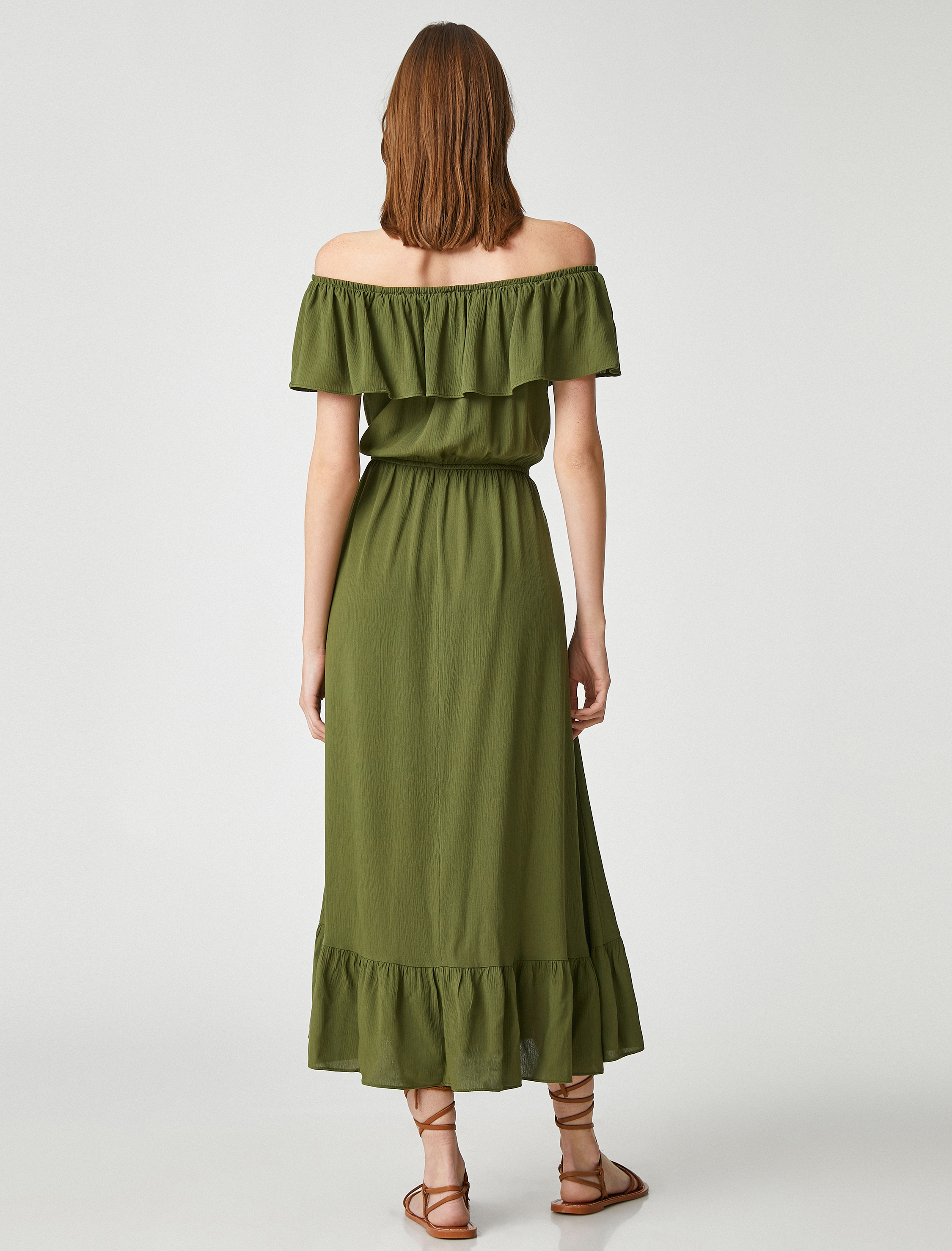   Midi Boy Viskon Elbise Omzu Açık Volanlı Beli Bağlamalı