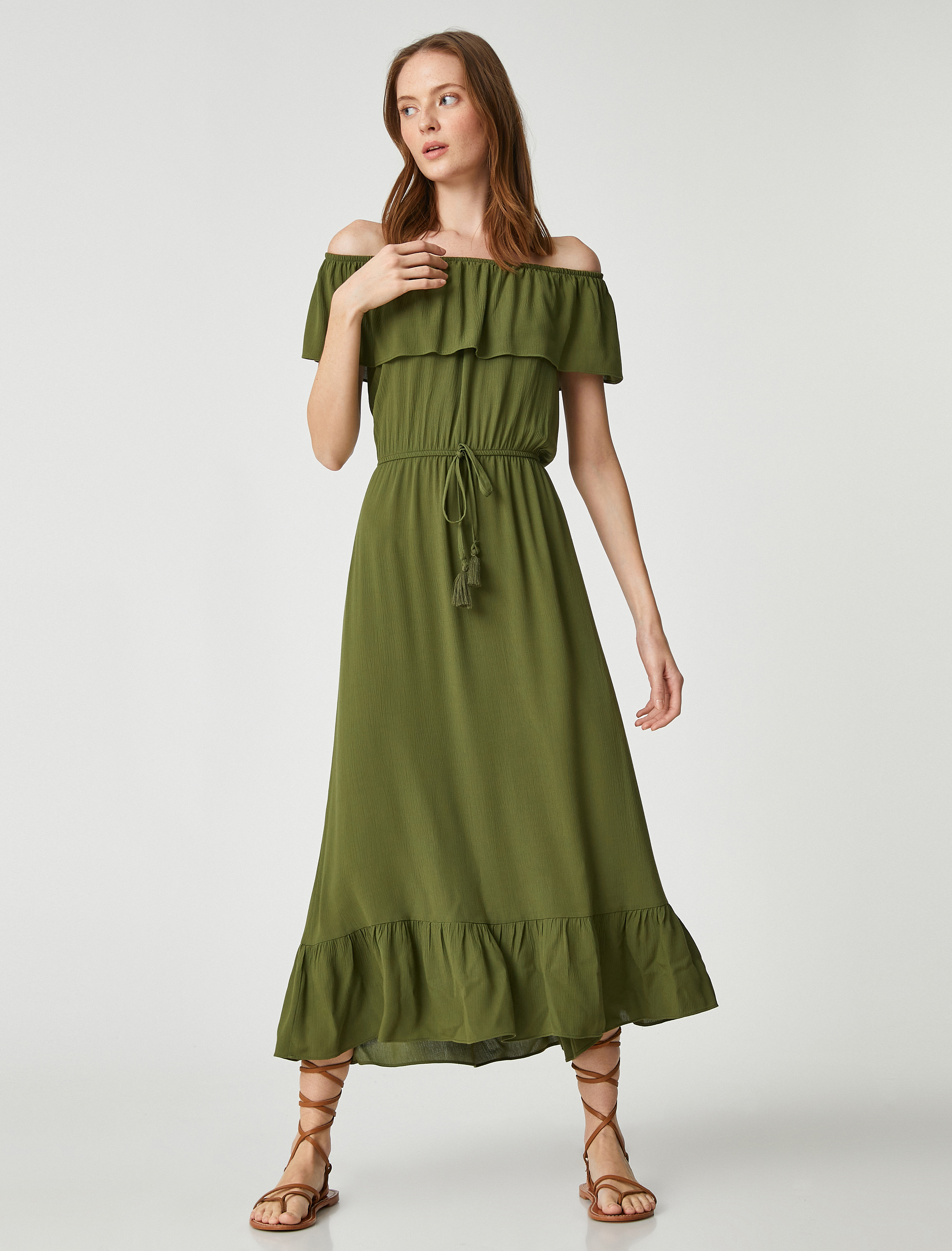   Midi Boy Viskon Elbise Omzu Açık Volanlı Beli Bağlamalı