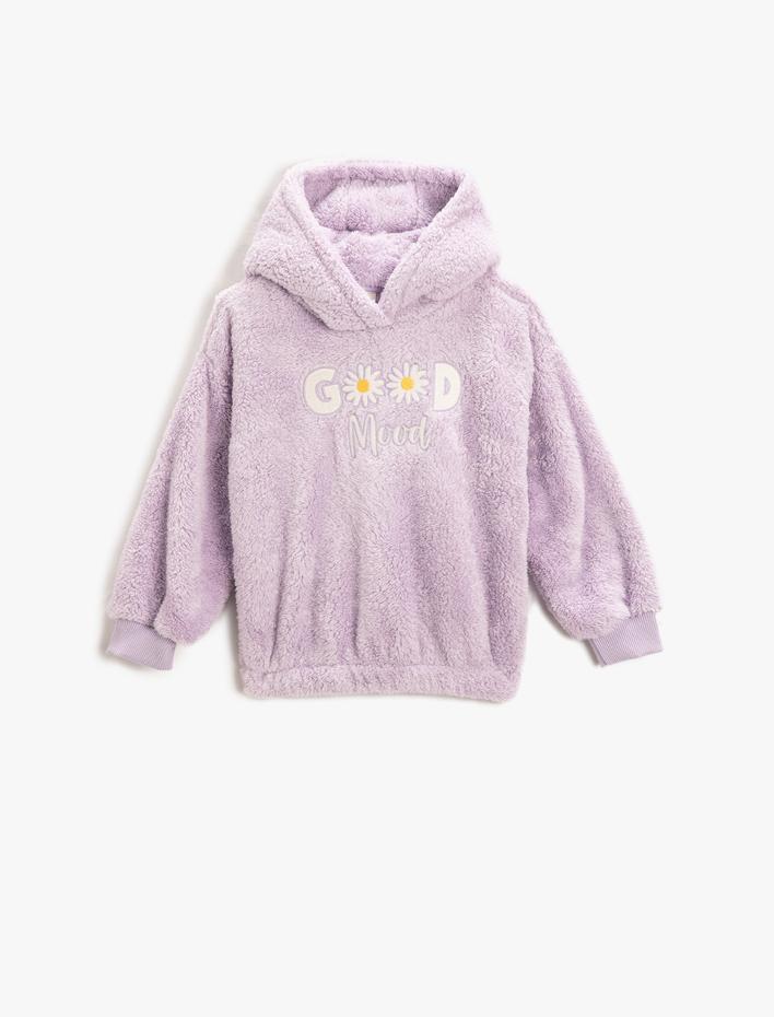 Kız Çocuk Kapşonlu Peluş Sweatshirt Çiçek İşlemeli Beli Lastikli Uzun Kollu