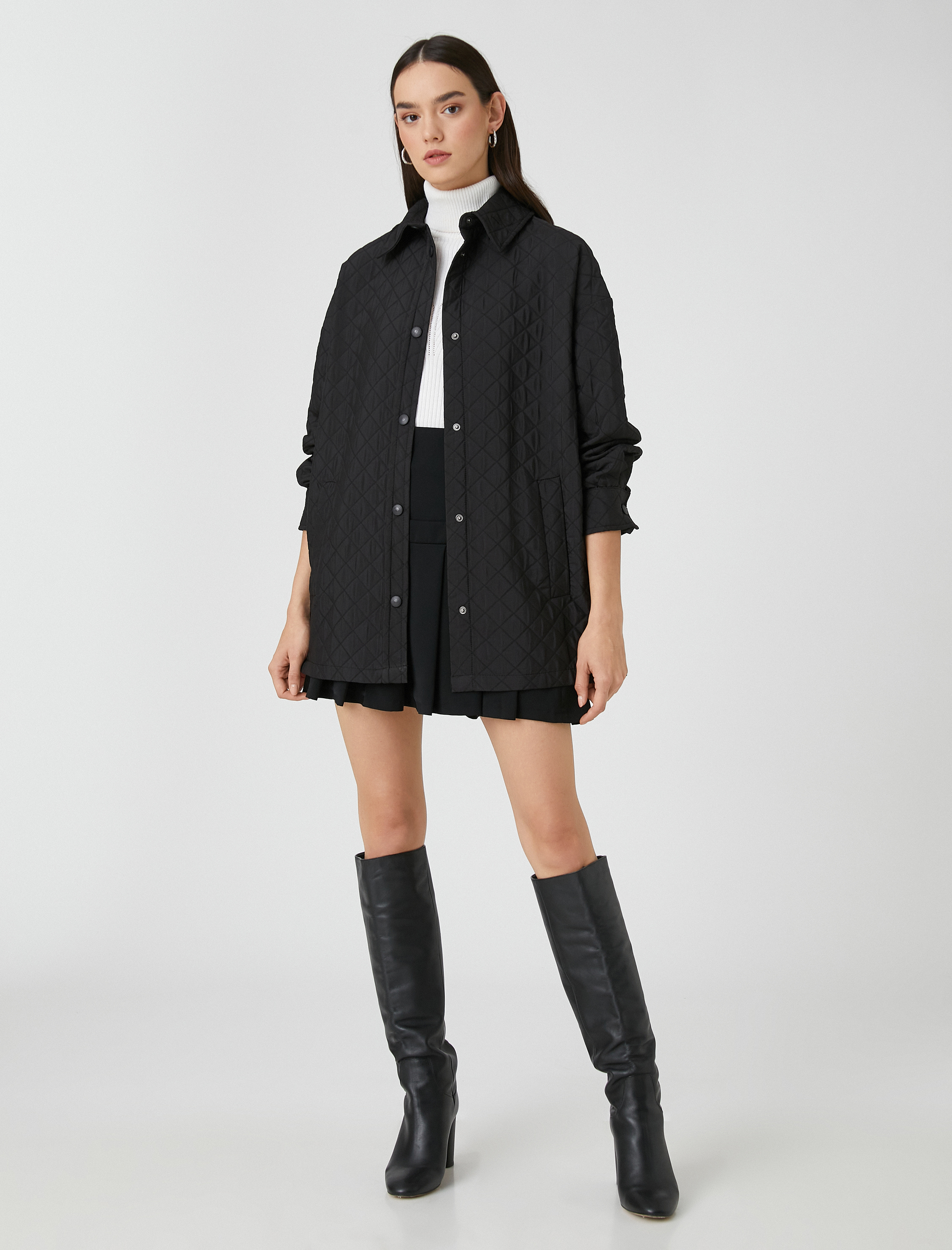   Oversize Kapitone Ceket Gömlek Yaka Cepli