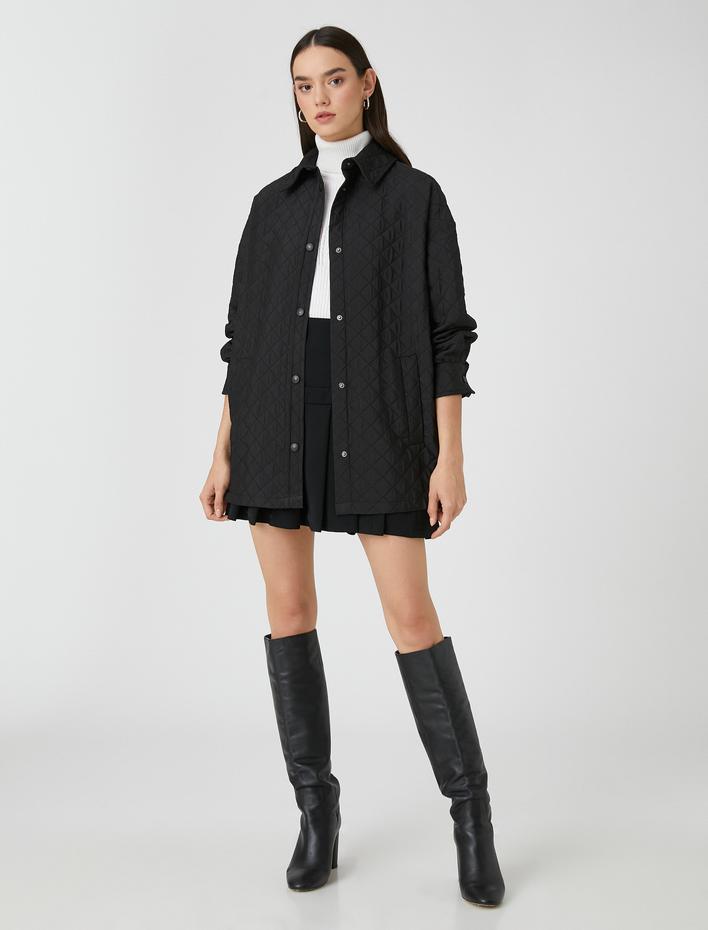  Oversize Kapitone Ceket Gömlek Yaka Cepli