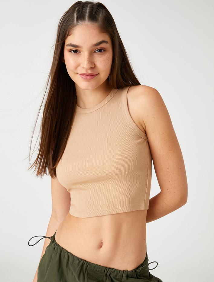  Fitilli Atlet Crop Bisiklet Yaka Fitilli Kolsuz