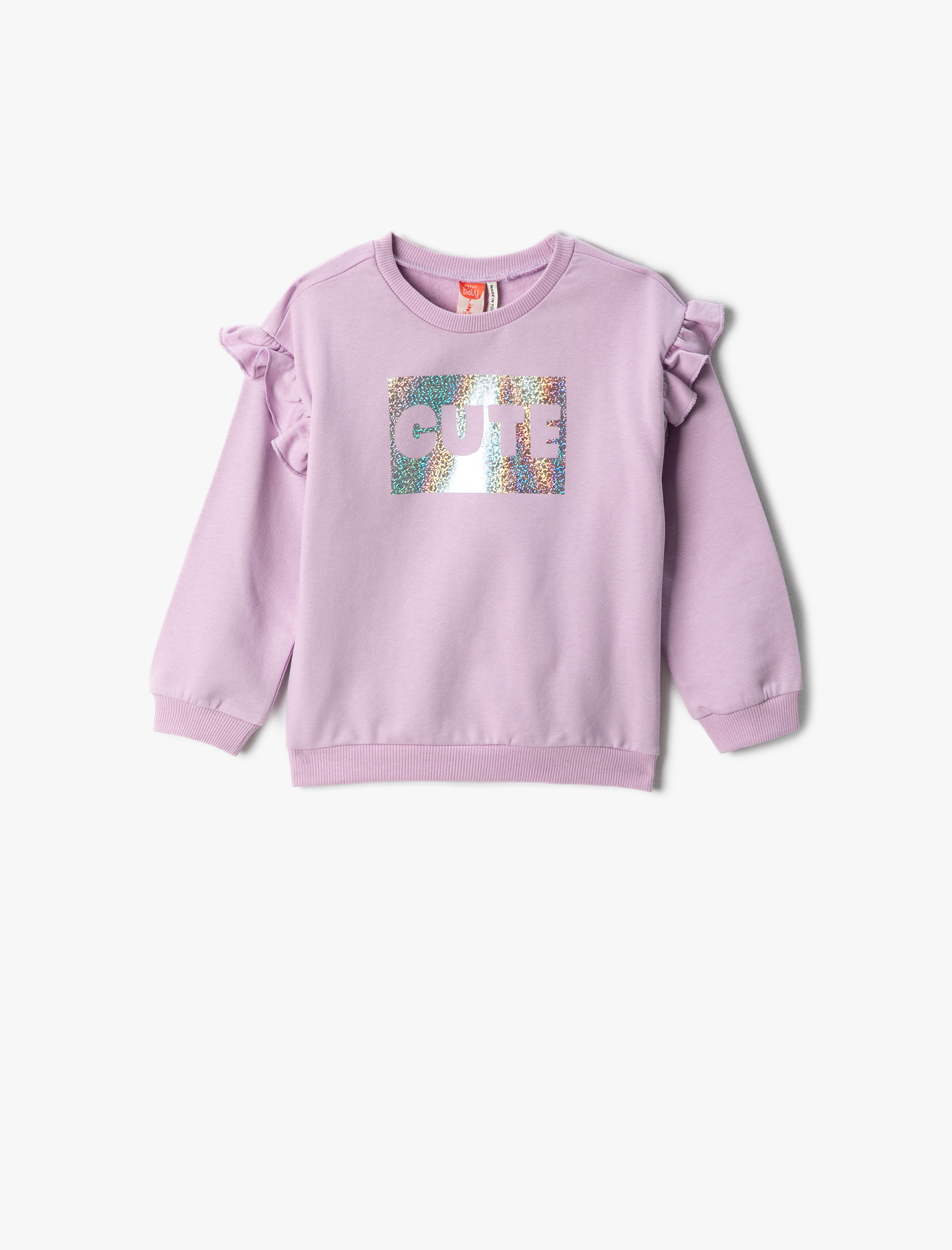  Kız Bebek Fırfırlı Baskılı Sweatshirt Uzun Kollu Bisiklet Yaka Şardonlu
