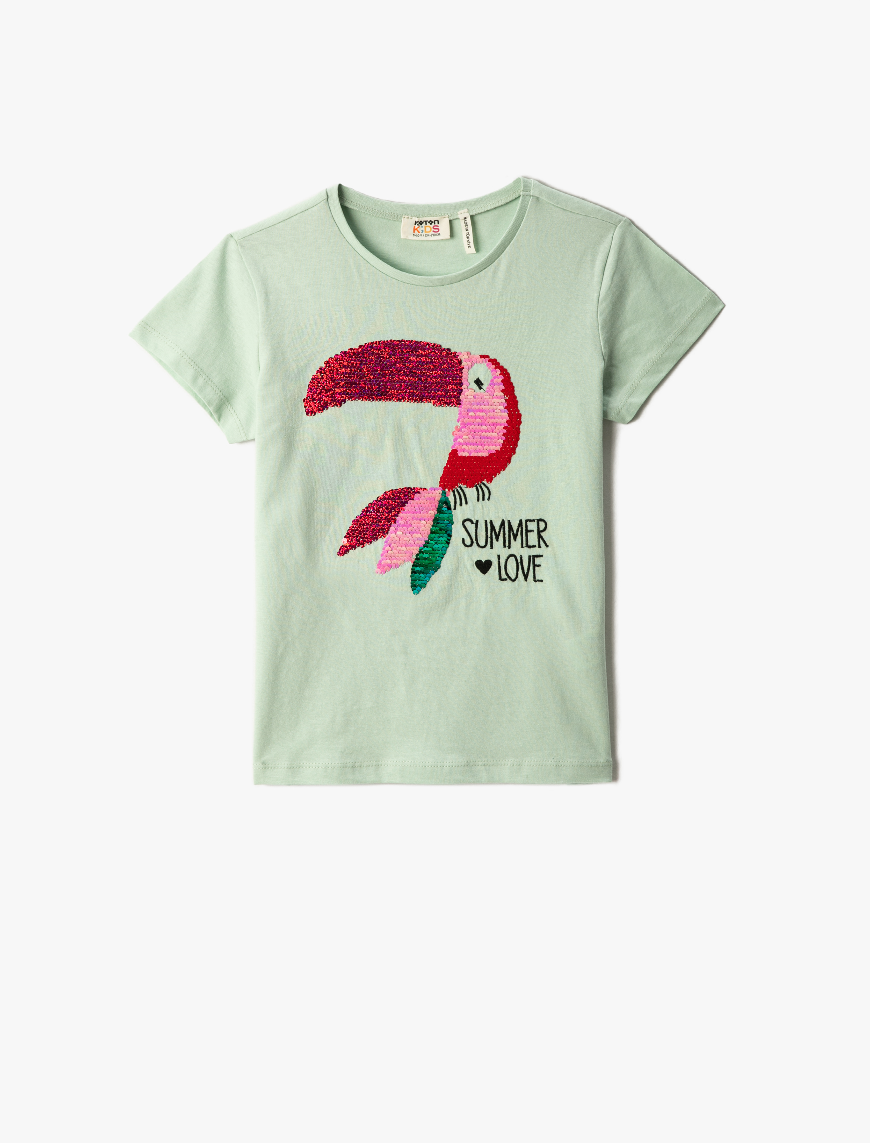  Kız Çocuk Papağan Pul-Payet İşlemeli Tişört Kısa Kollu Bisiklet Yaka Pamuklu