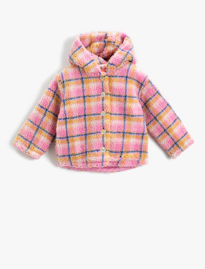Kız Bebek Peluş Ceket Kapüşonlu Cepli Düğmeli