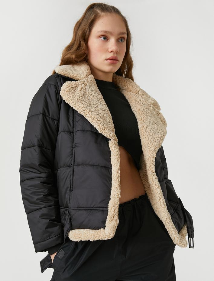  Biker Ceket Şişme Suni Kürklü Yaka Cep Detaylı Tokalı