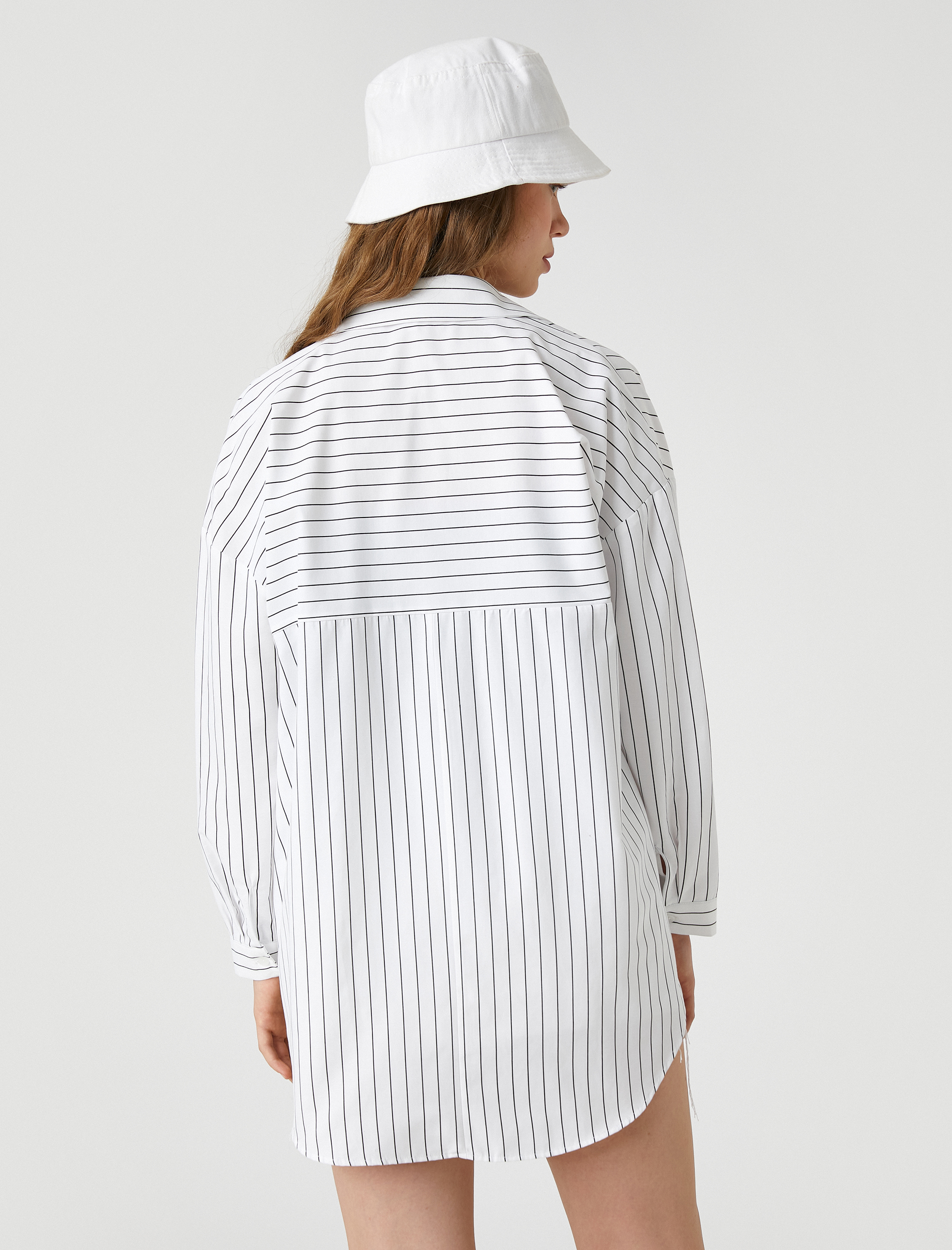   Oversize Gömlek Poplin Çizgili Uzun Kollu Manşet Yaka