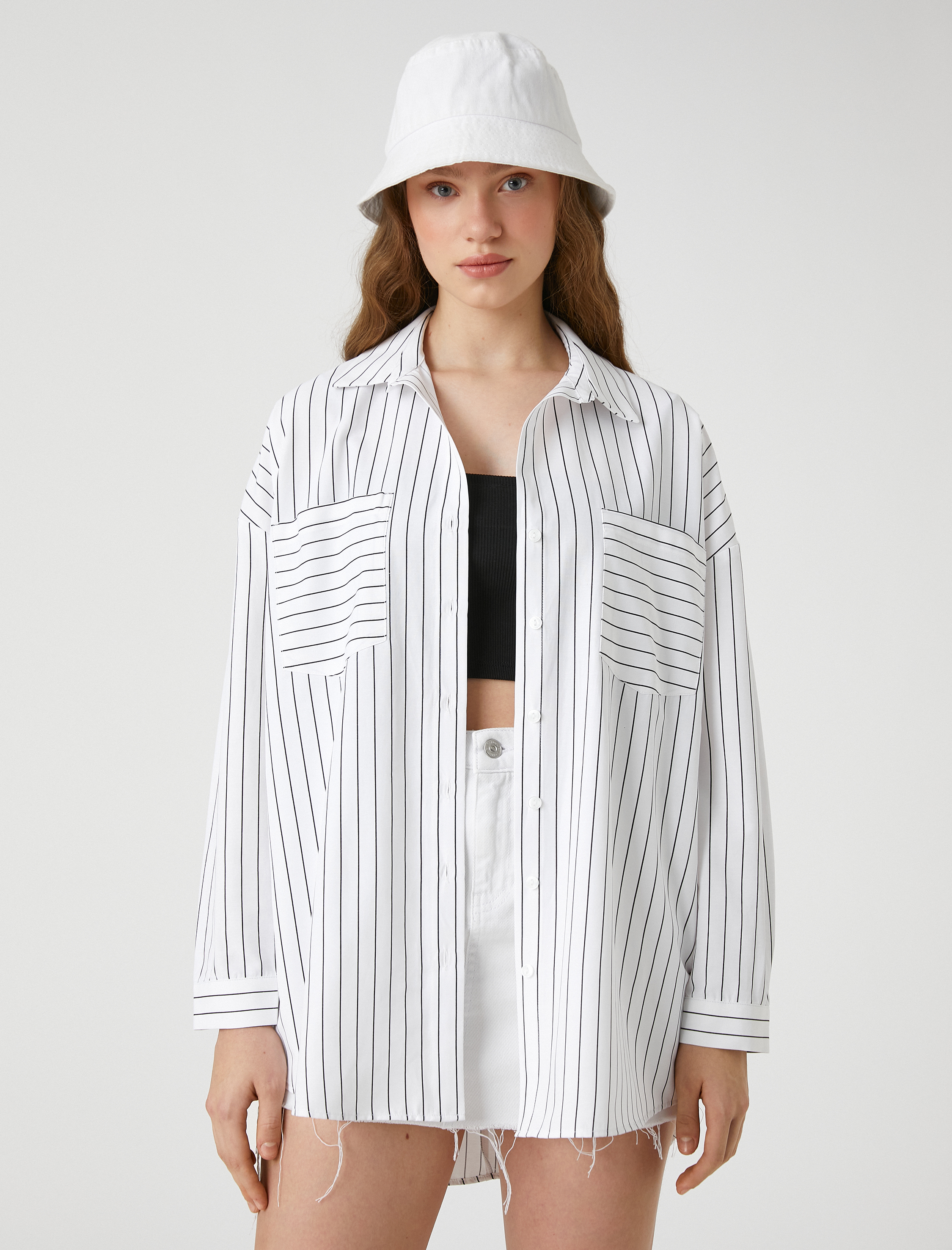   Oversize Gömlek Poplin Çizgili Uzun Kollu Manşet Yaka