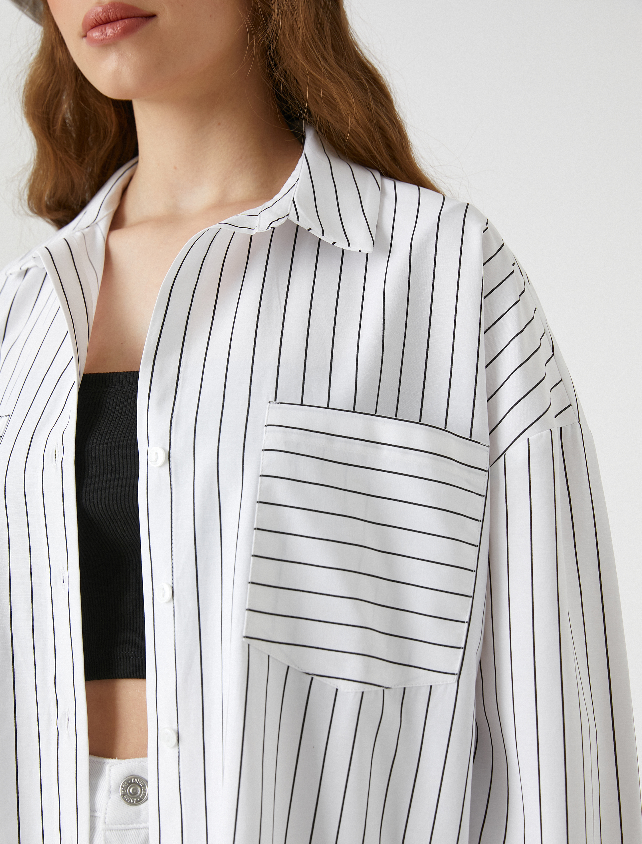   Oversize Gömlek Poplin Çizgili Uzun Kollu Manşet Yaka