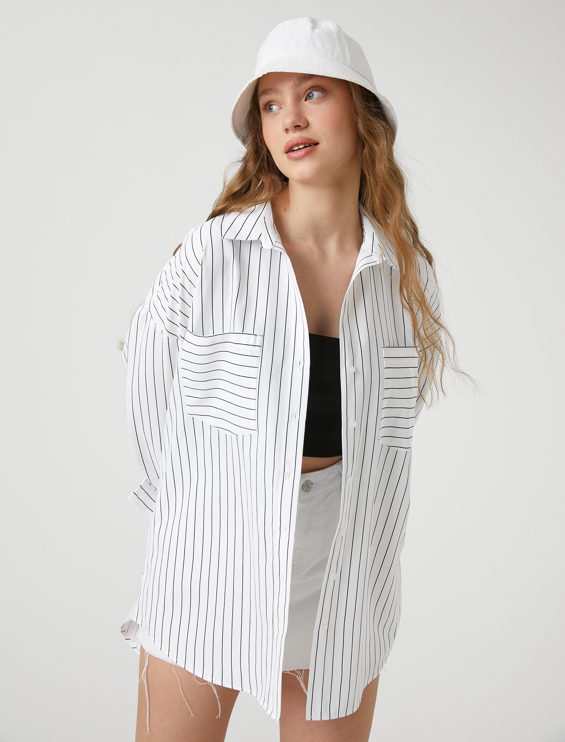   Oversize Gömlek Poplin Çizgili Uzun Kollu Manşet Yaka