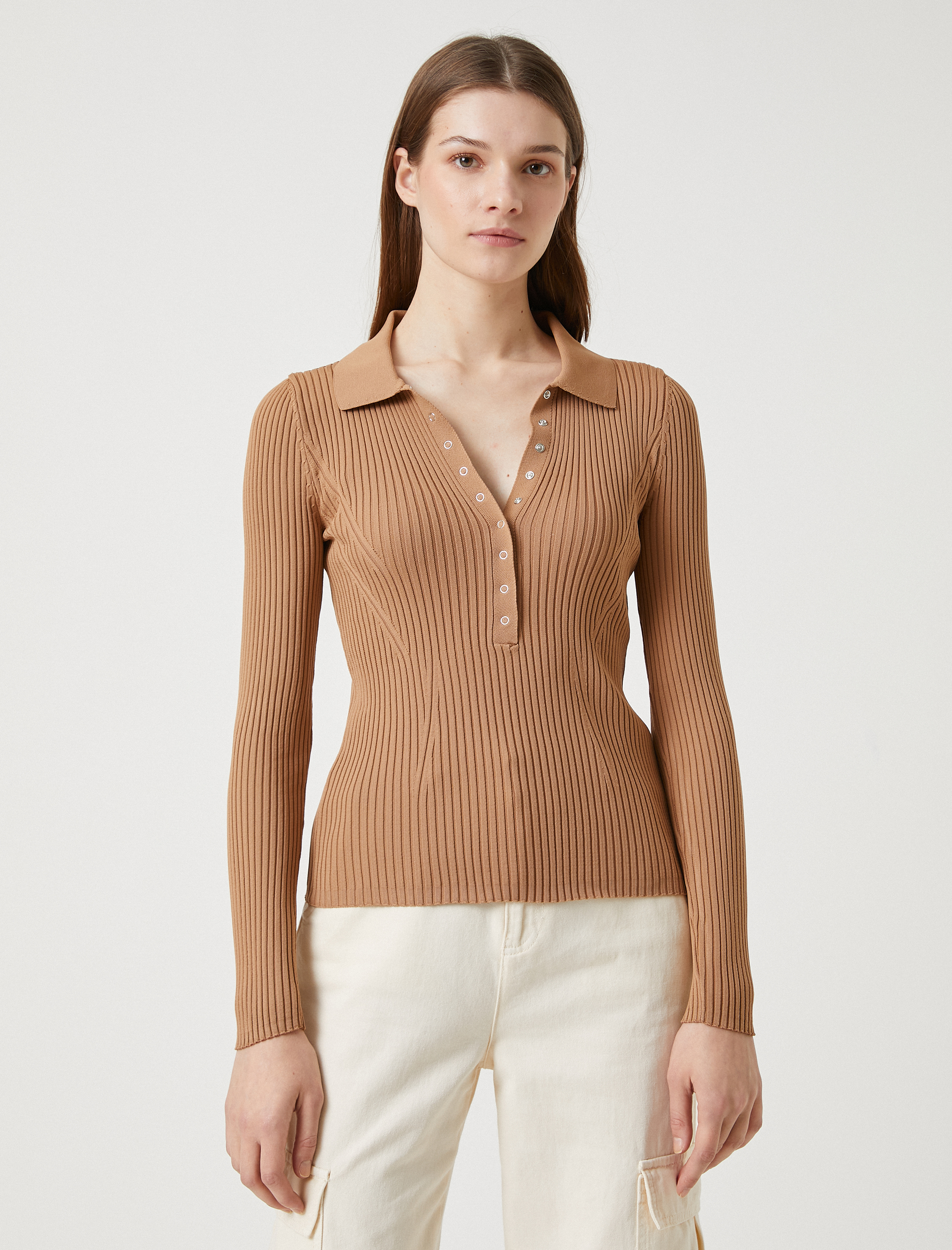   Polo Yaka Triko Kazak Ribanalı Çıtçıtlı Dar Kesim