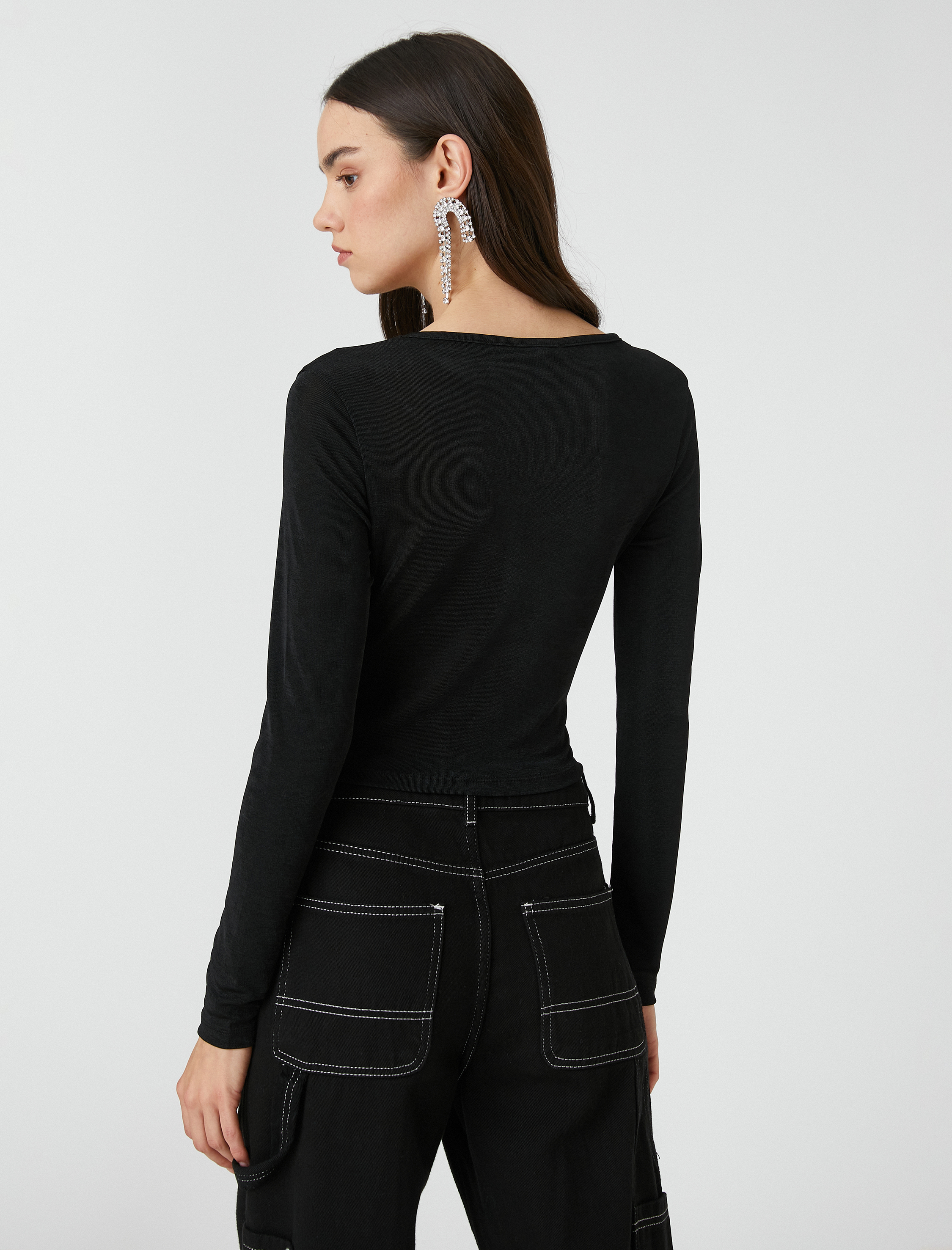   Pencere Detaylı Abiye Bluz Drapeli Uzun Kollu