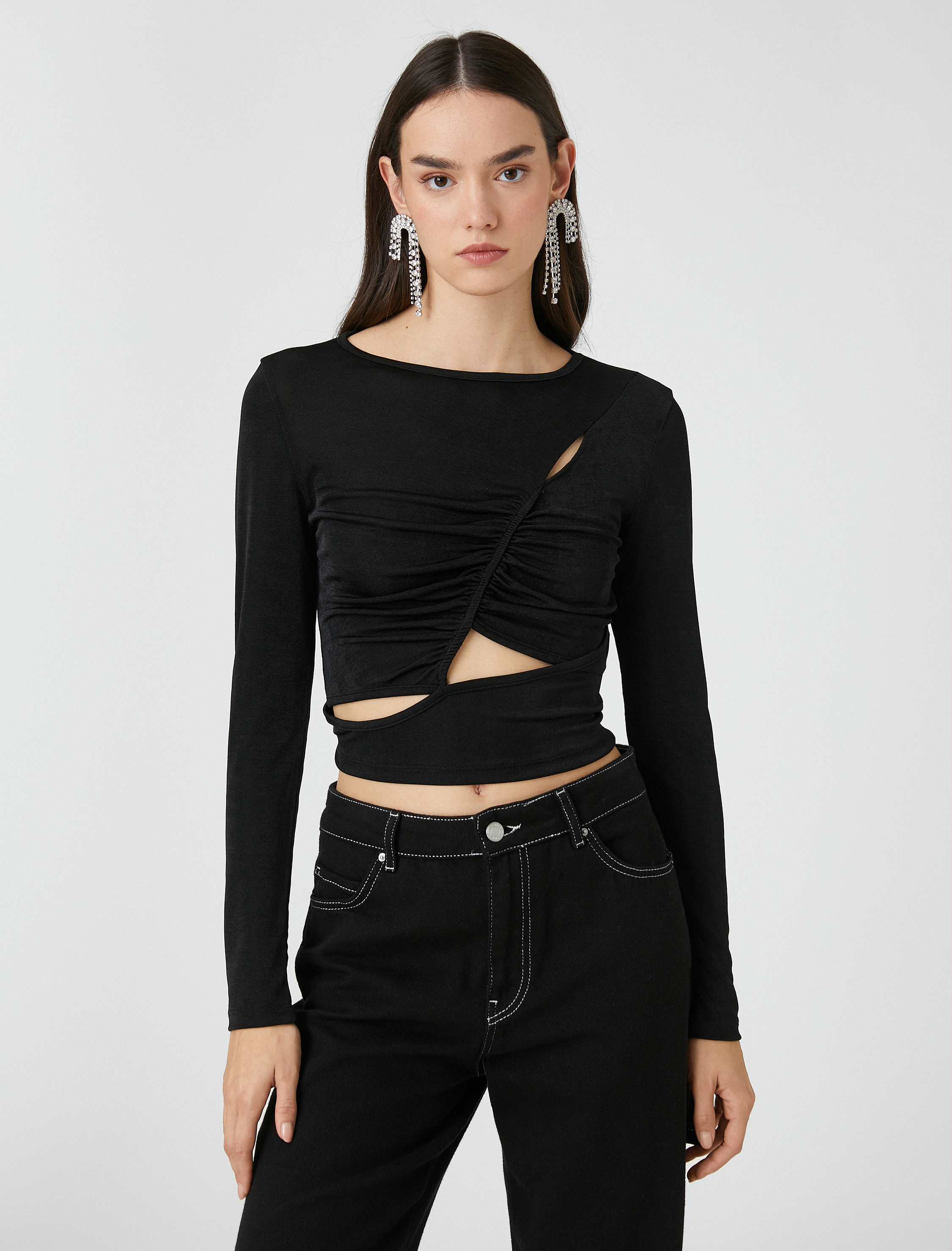   Pencere Detaylı Abiye Bluz Drapeli Uzun Kollu