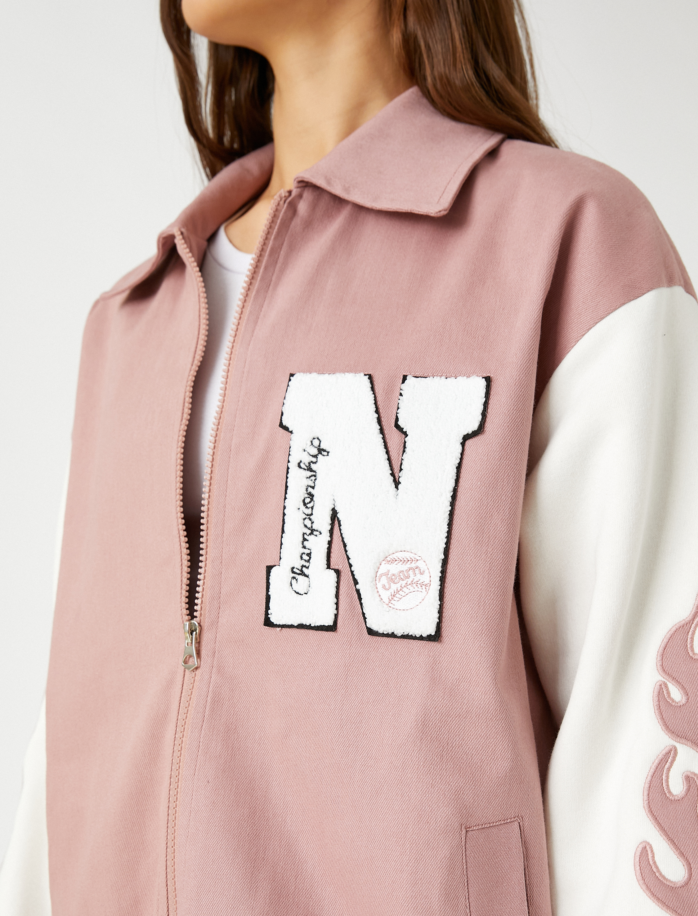   Pilot Ceket İşlemeli Fermuarlı Gömlek Yaka Cep Detaylı