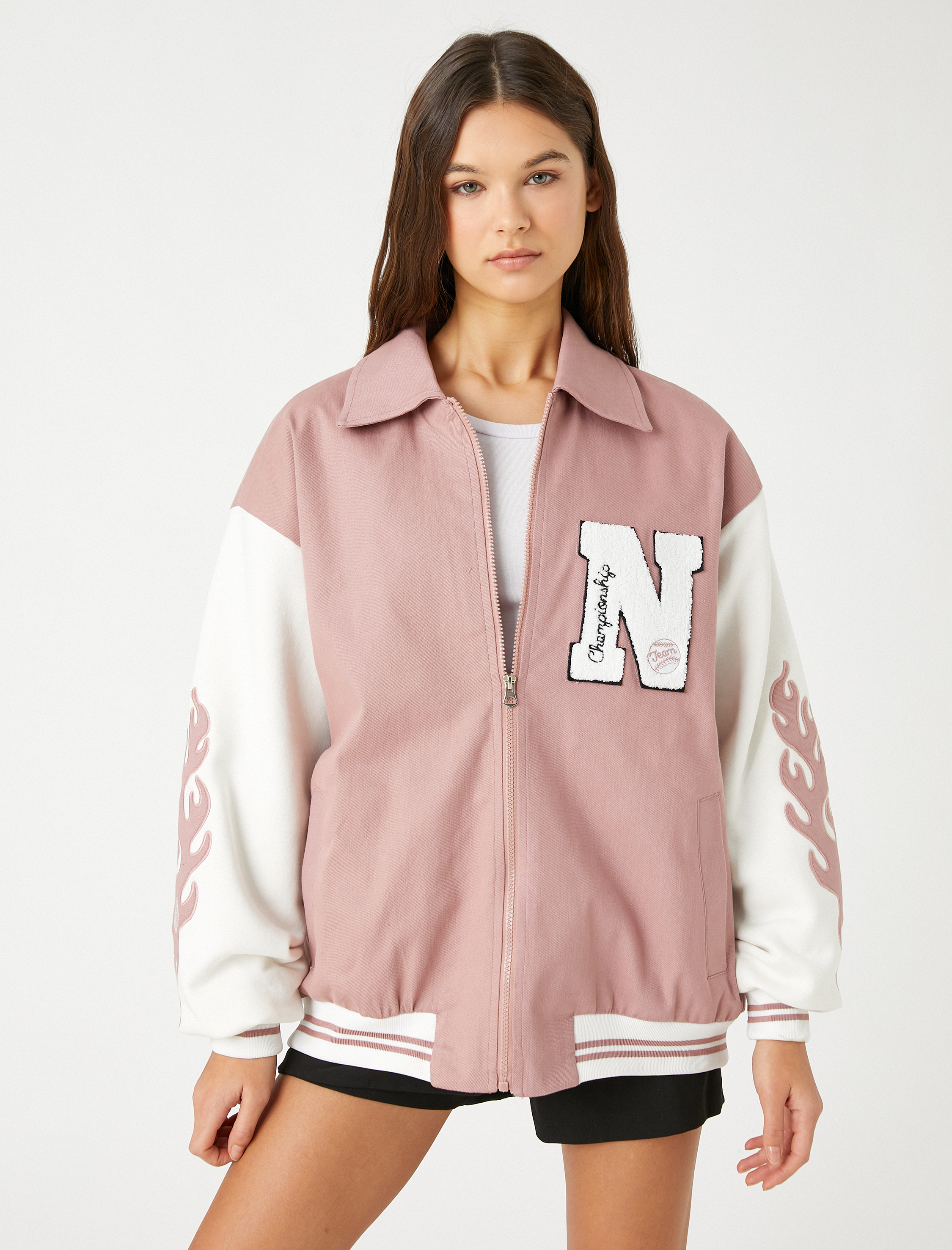   Pilot Ceket İşlemeli Fermuarlı Gömlek Yaka Cep Detaylı