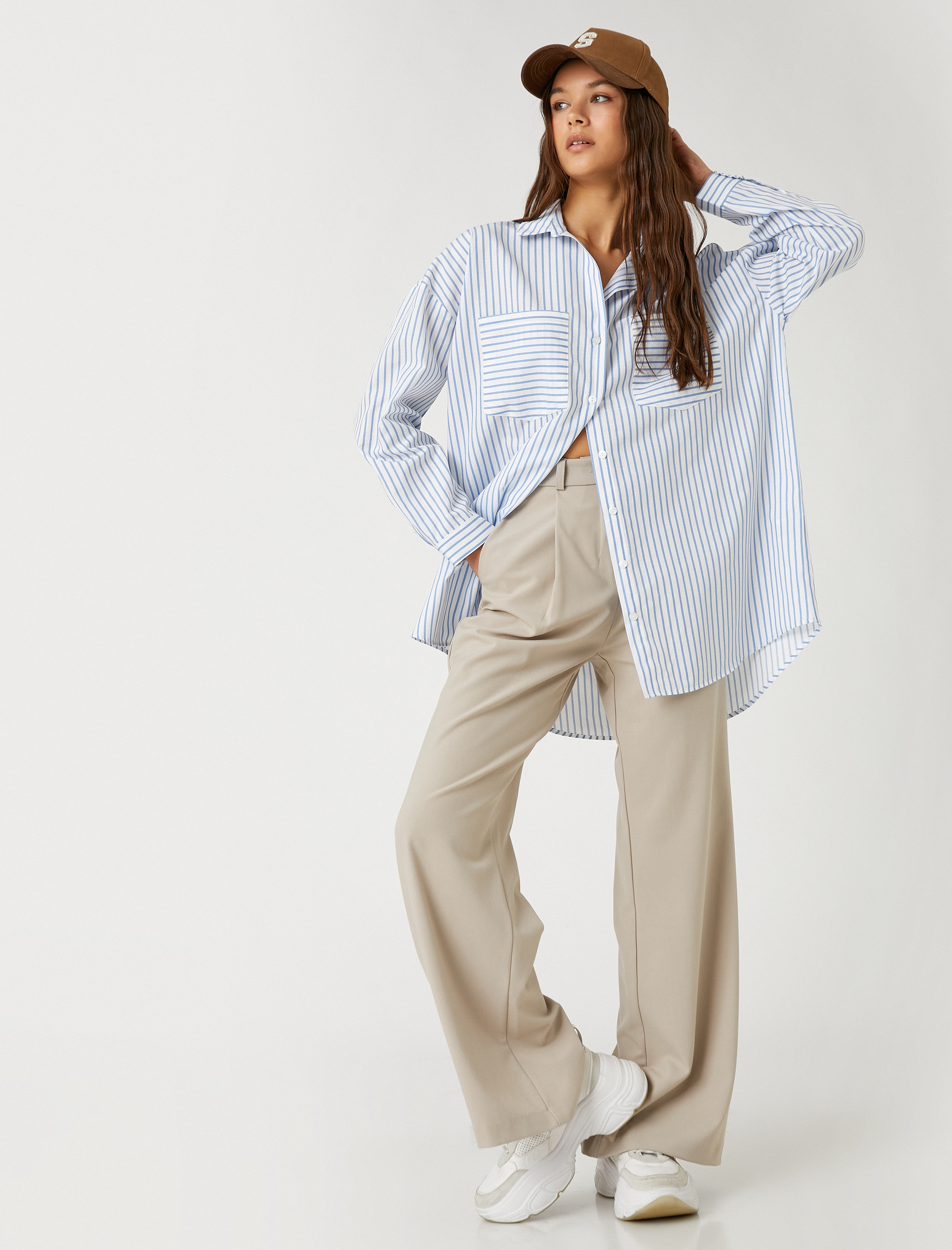   Oversize Gömlek Poplin Çizgili Uzun Kollu Manşet Yaka